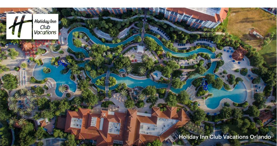  A bird’s eye view of the Holiday Inn Club Vacations at Orange Lake Resort property, featuring a lazy river at its heart.