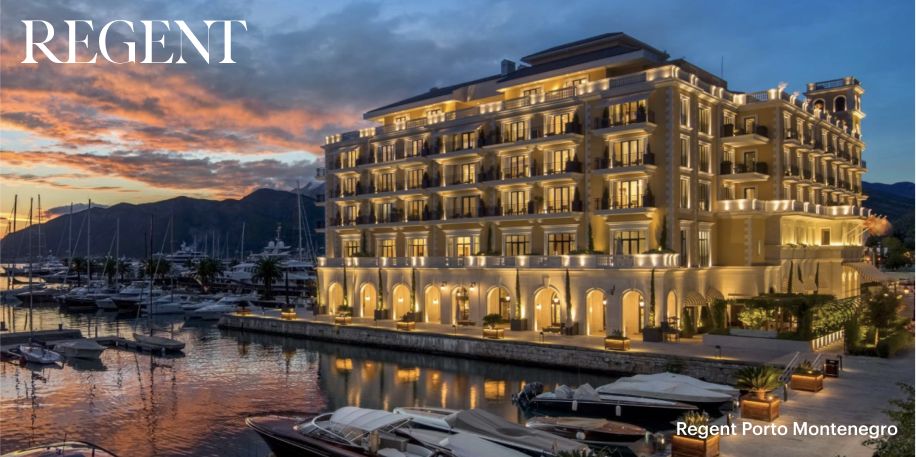 A magnificent sunset shot of the Regent Hotel Montenegro, situated right on a quiet harbour. 