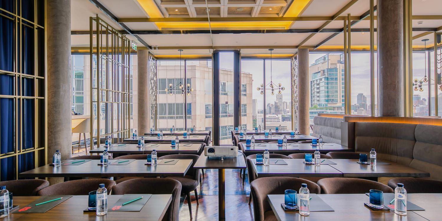 Modern conference room with city view