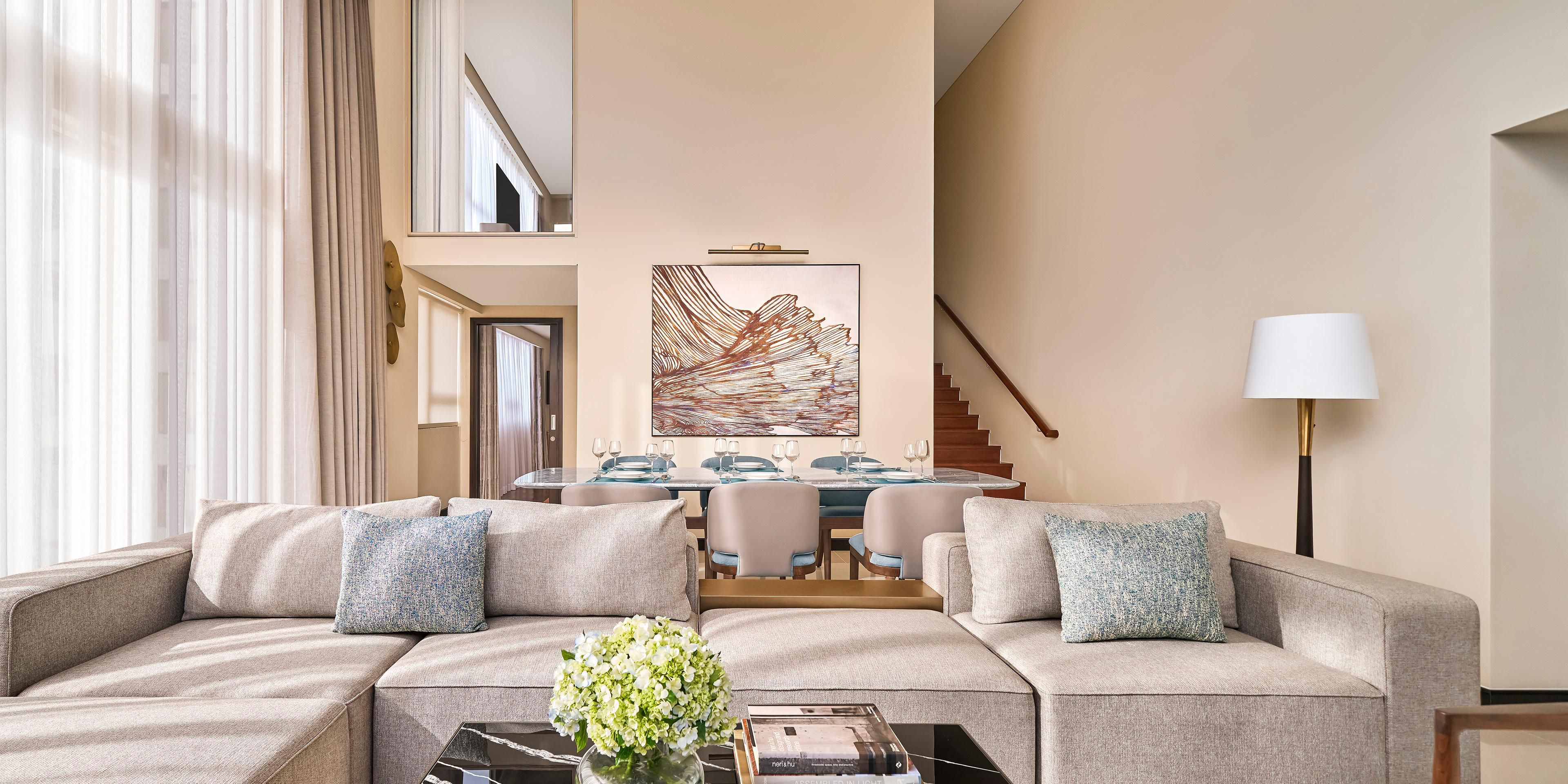 Experience the height of refined living in our Duplex Suites. Spanning two stories, these exclusive residences offer expansive living spaces, stunning views and private balconies. With modern amenities & artfully curated details, enjoy indoor-outdoor living, spacious dining areas & an inviting ambiance perfect for gatherings or moments to yourself.