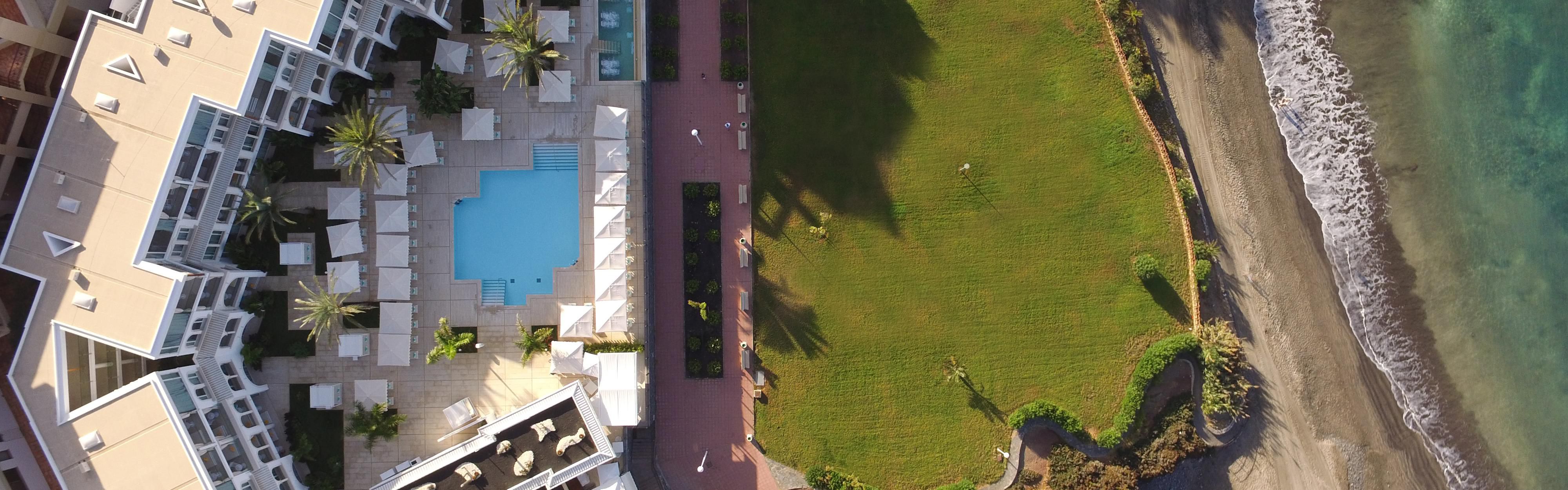 Palm-lined pool and beachfront lawn at our Tenerife resort.