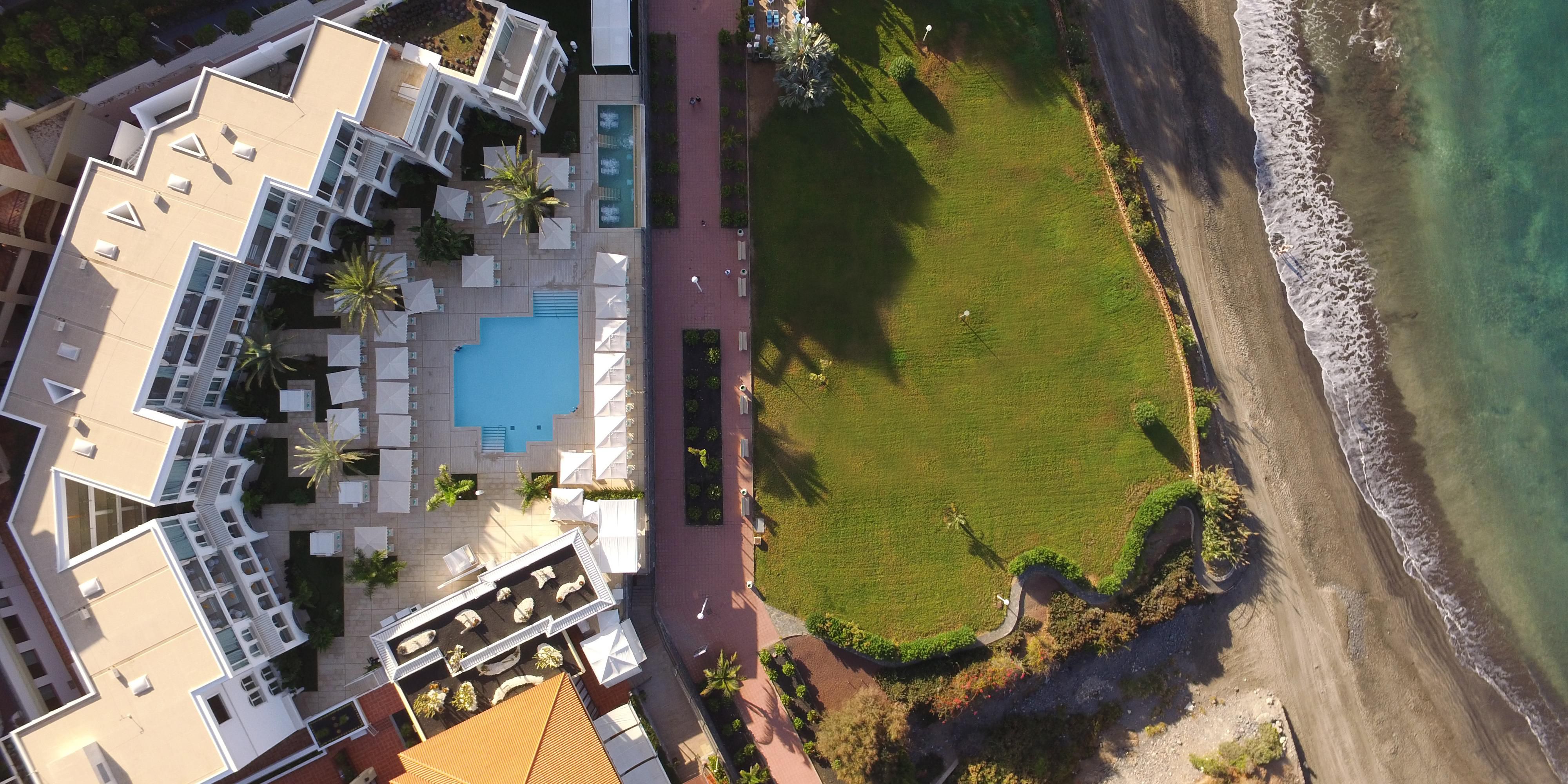 Palm-lined pool and beachfront lawn at our Tenerife resort.