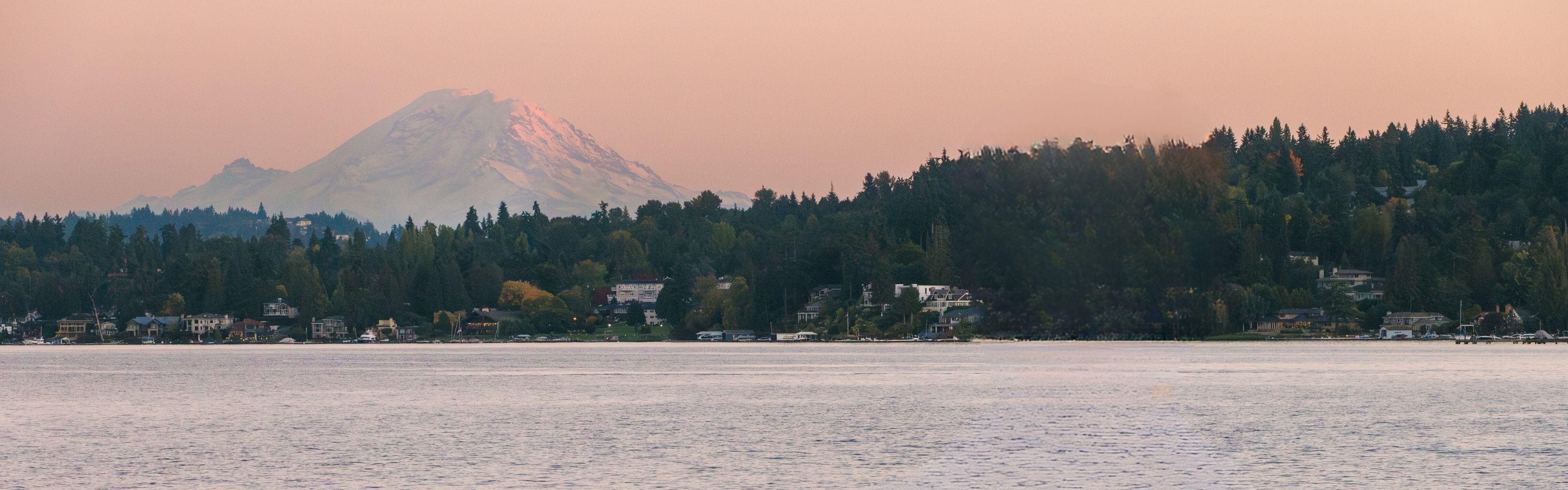 Mount Rainier views from Lake Washington & Downtown Bellevue.