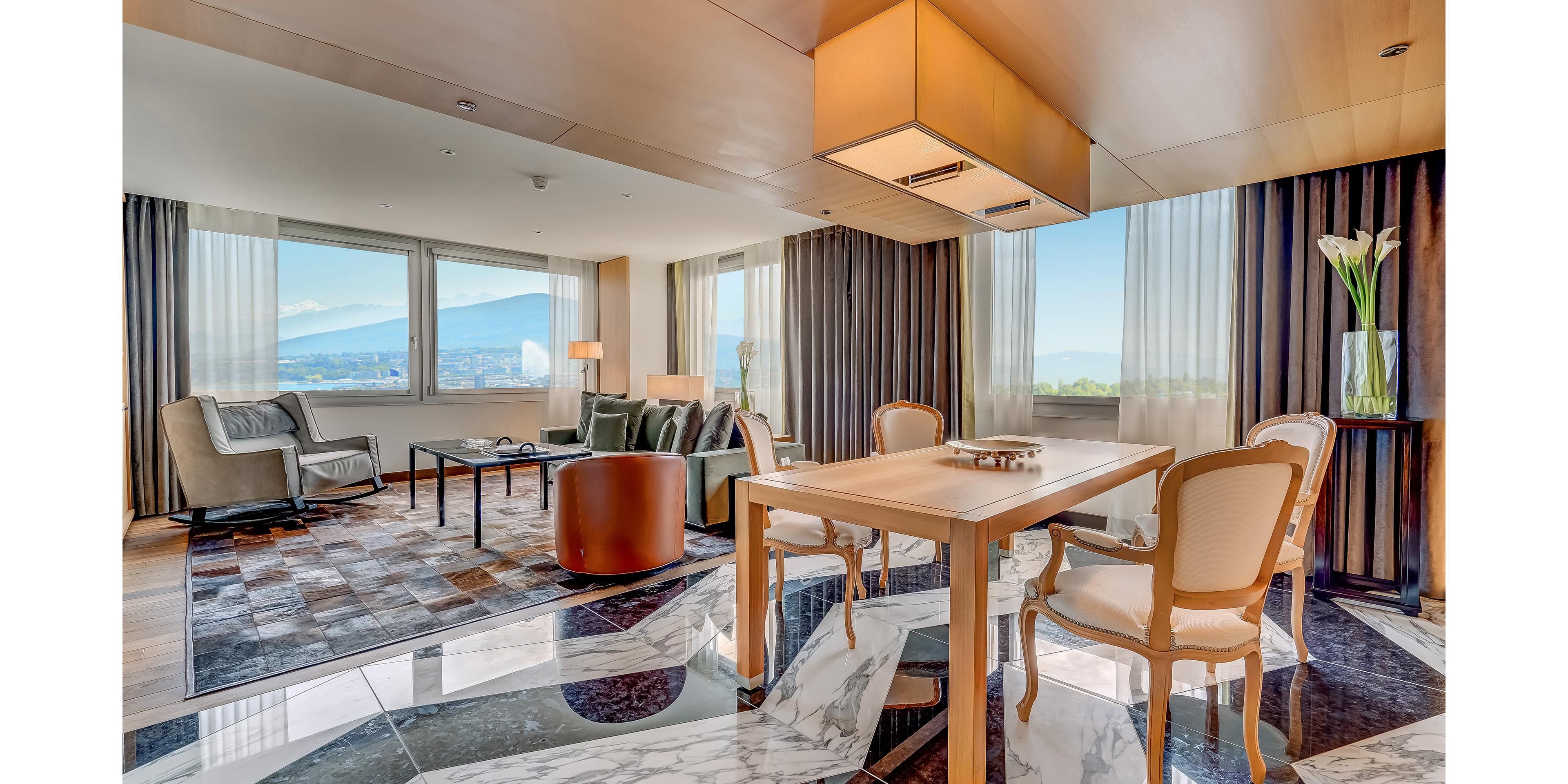 Surrounded by dramatic panoramic views of the Mont Blanc and Lake Geneva, the 120m² Presidential Lake View Suites offer a contemporary celebration of Luxury and heritage. Contact directly for further information and booking.