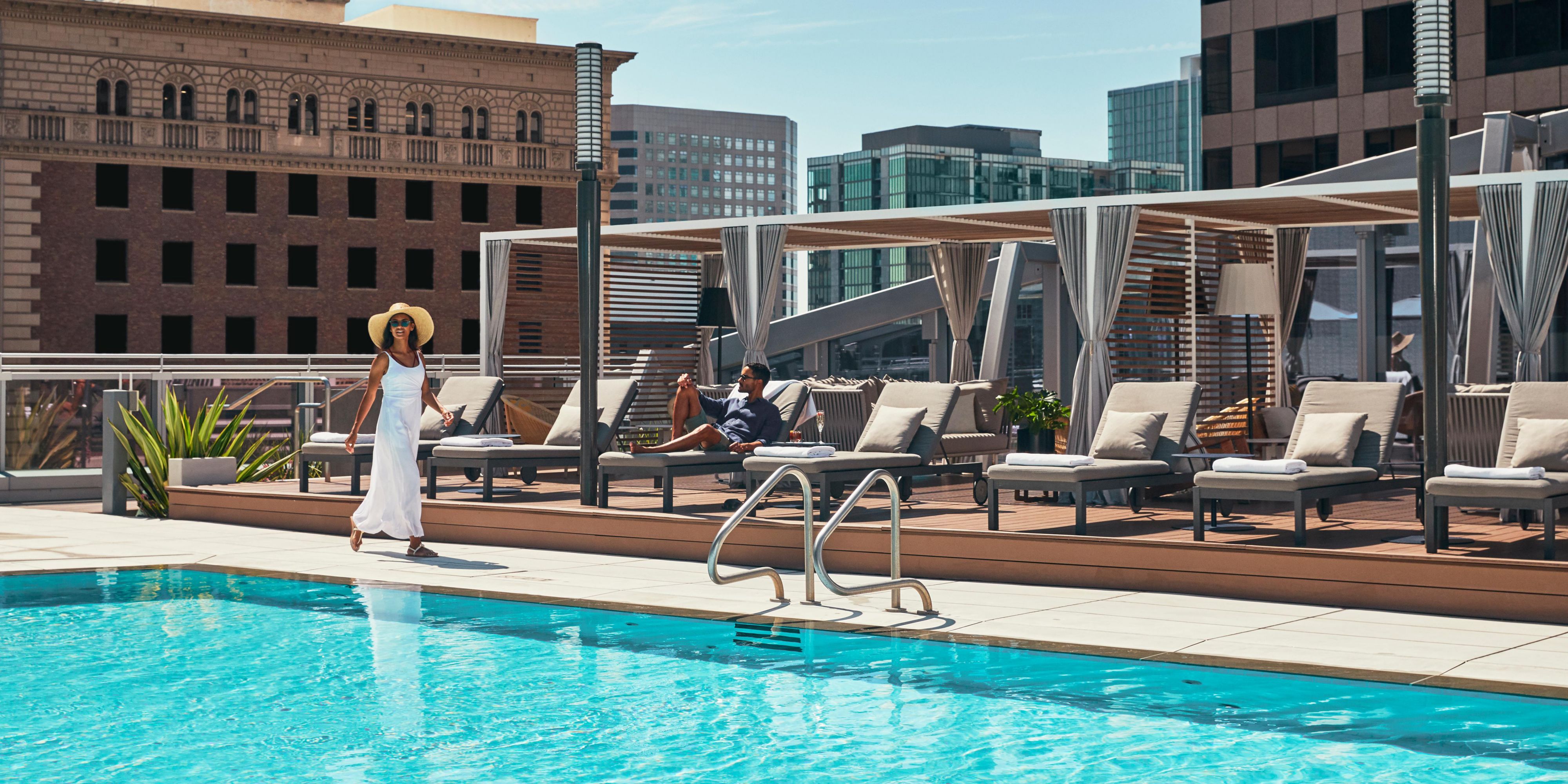 Get some serious basking done in the middle of Downtown Los Angeles. With incredible views of the surrounding skyline, our elegant 7th-floor hotel pool deck immerses you in high style and California sunlight. Soak in the pool, enjoy a shaded cabana, or sip on a fresh cocktail from No Dive Bar. Your responsibilities can wait.