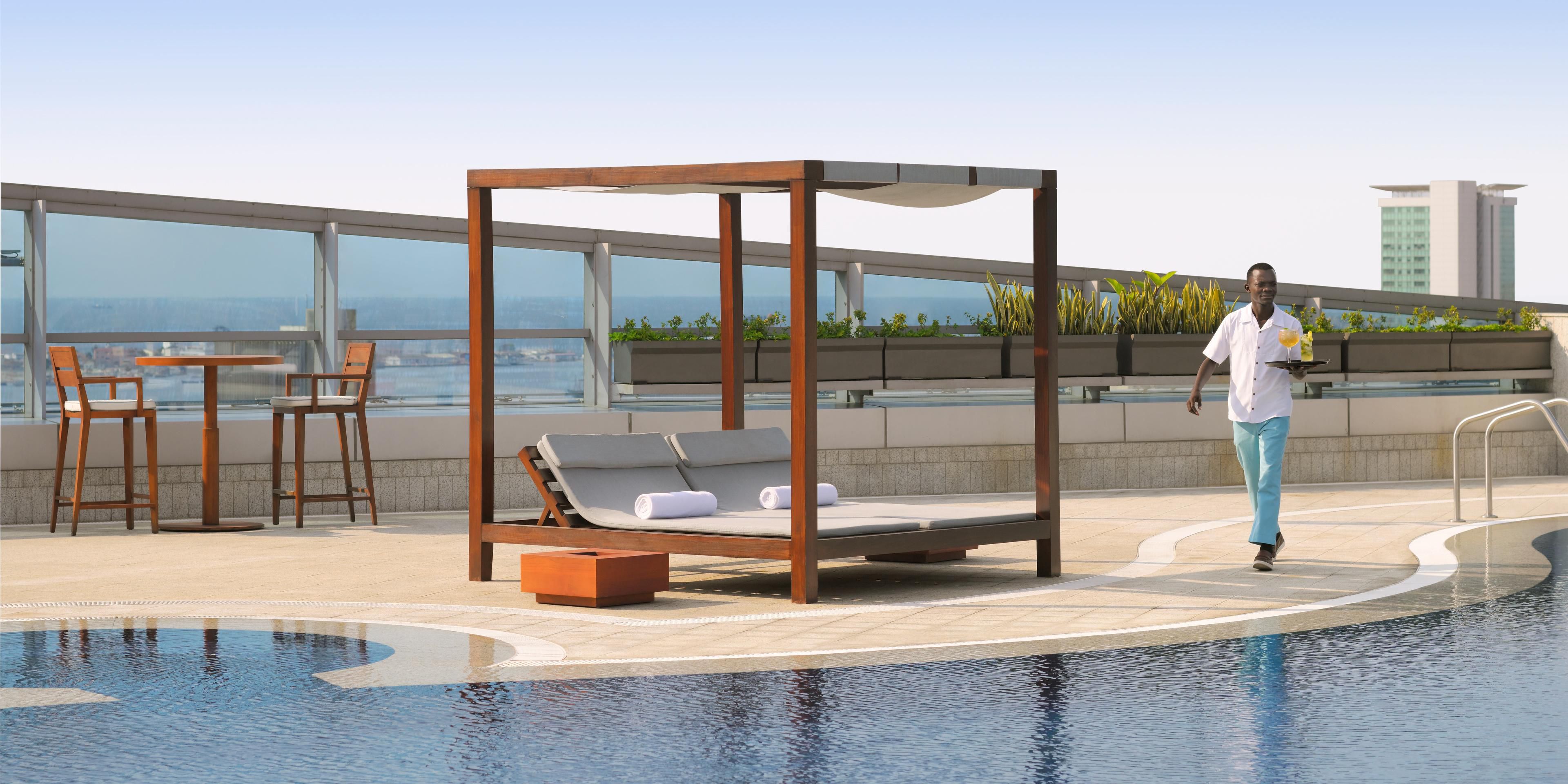 Indulge in the sun while savouring the panoramic view of the city skyline, 
as you sip on a refreshing drink and hearty snacks from our pool bar. 
Our temperature controlled pool makes it enjoyable for anyone in any season. 