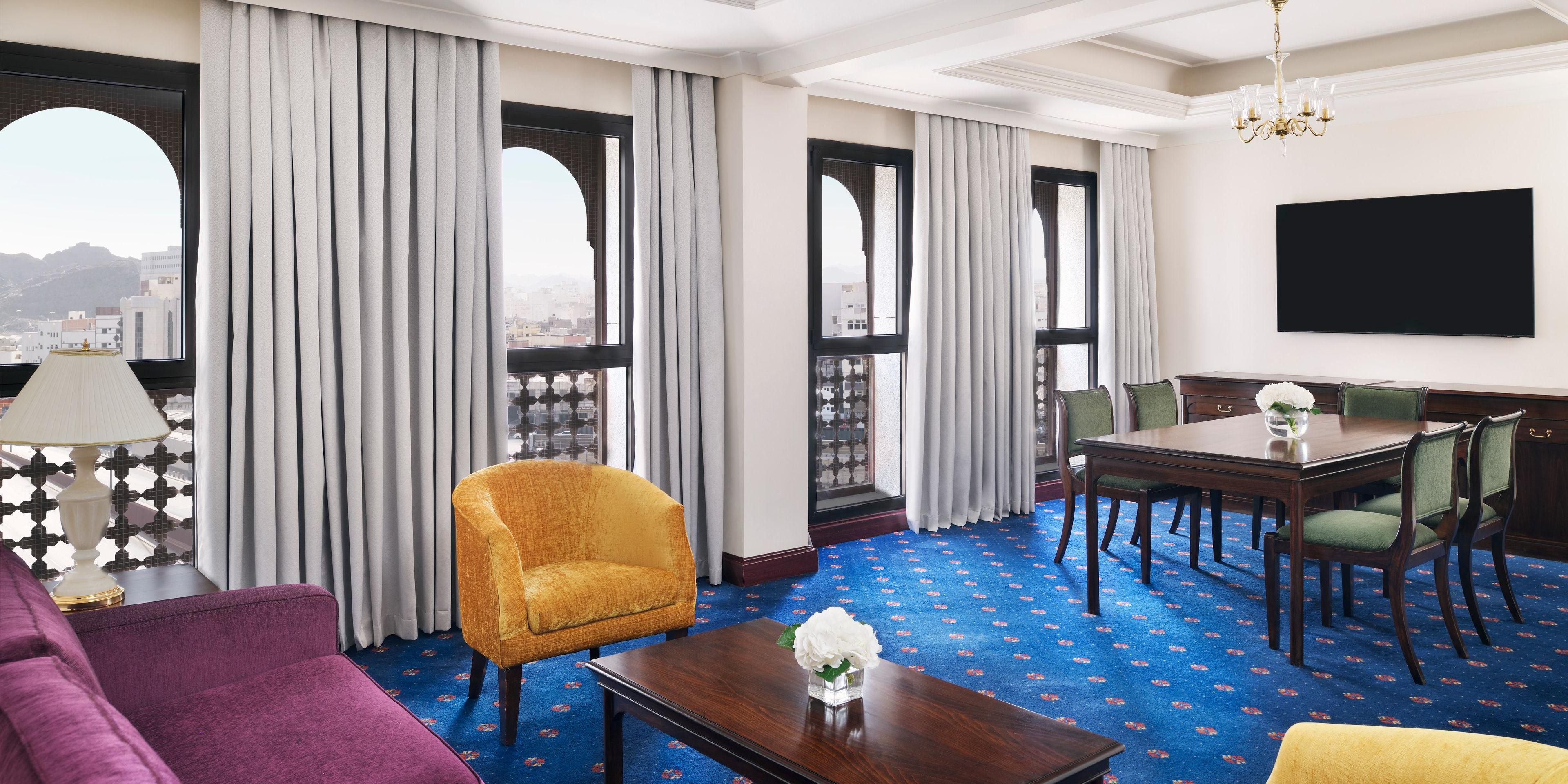 Embark on the perfect extended stay at InterContinental Dar Al Hijra, ideally situated near Masjid Al Nabawi. Immerse yourself in stylish, modern design and unwind with satellite TV channels, a minibar, and high-speed Wi-Fi. Our dedicated housekeeping team ensures your space remains pristine and 24/7 room service caters to your every need.