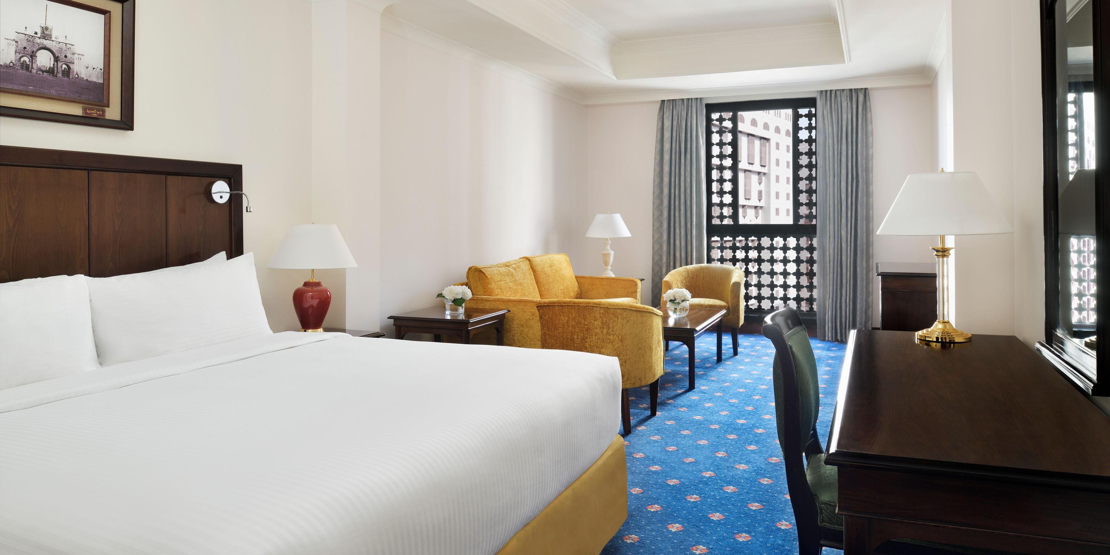 Step into elegance with our Executive Suites, perfect for a family stay in Madinah. Choose between one- or two-bedroom layouts, complete with living and dining areas and a kitchenette. For those seeking extra space, our 36 VIP apartment-style suites are luxuriously furnished and boast spectacular panoramic city views.