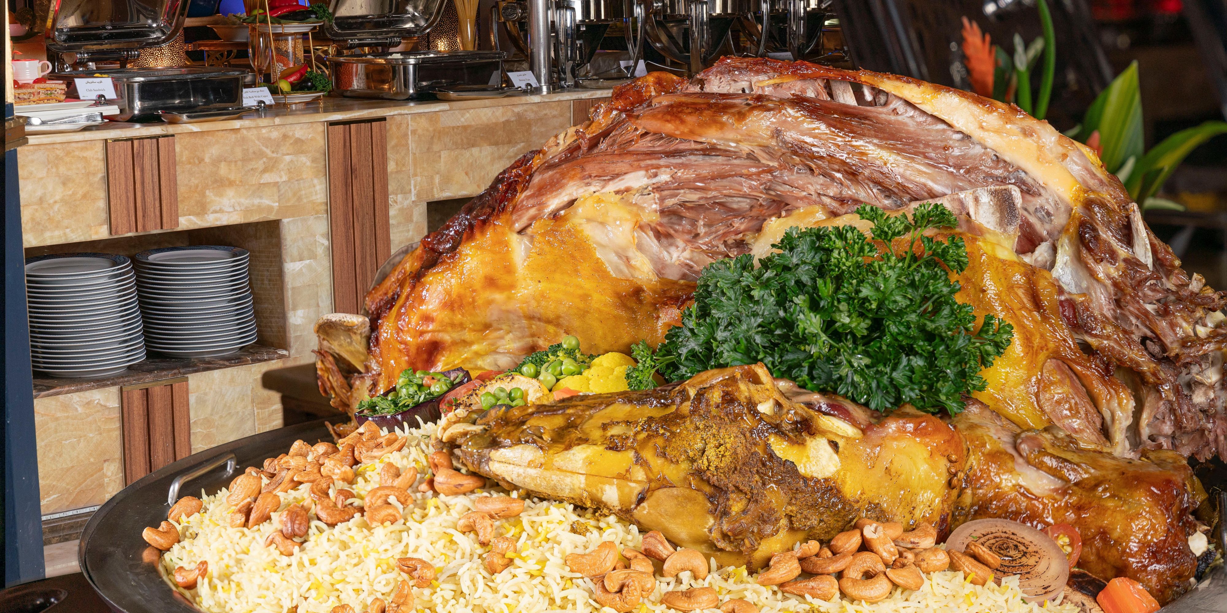 Venture into a world of authentic Saudi flavours at Al Rehab Restaurant, where our skilled chefs weave a delightful tapestry of culinary delights. Our Friday buffet, hosted from 1 PM to 3 PM, showcases an array of traditional Saudi gems, including the iconic Kabsa, the aromatic Ouzi, Gorsan, Gareesh, and an array of made-to-order specialties.