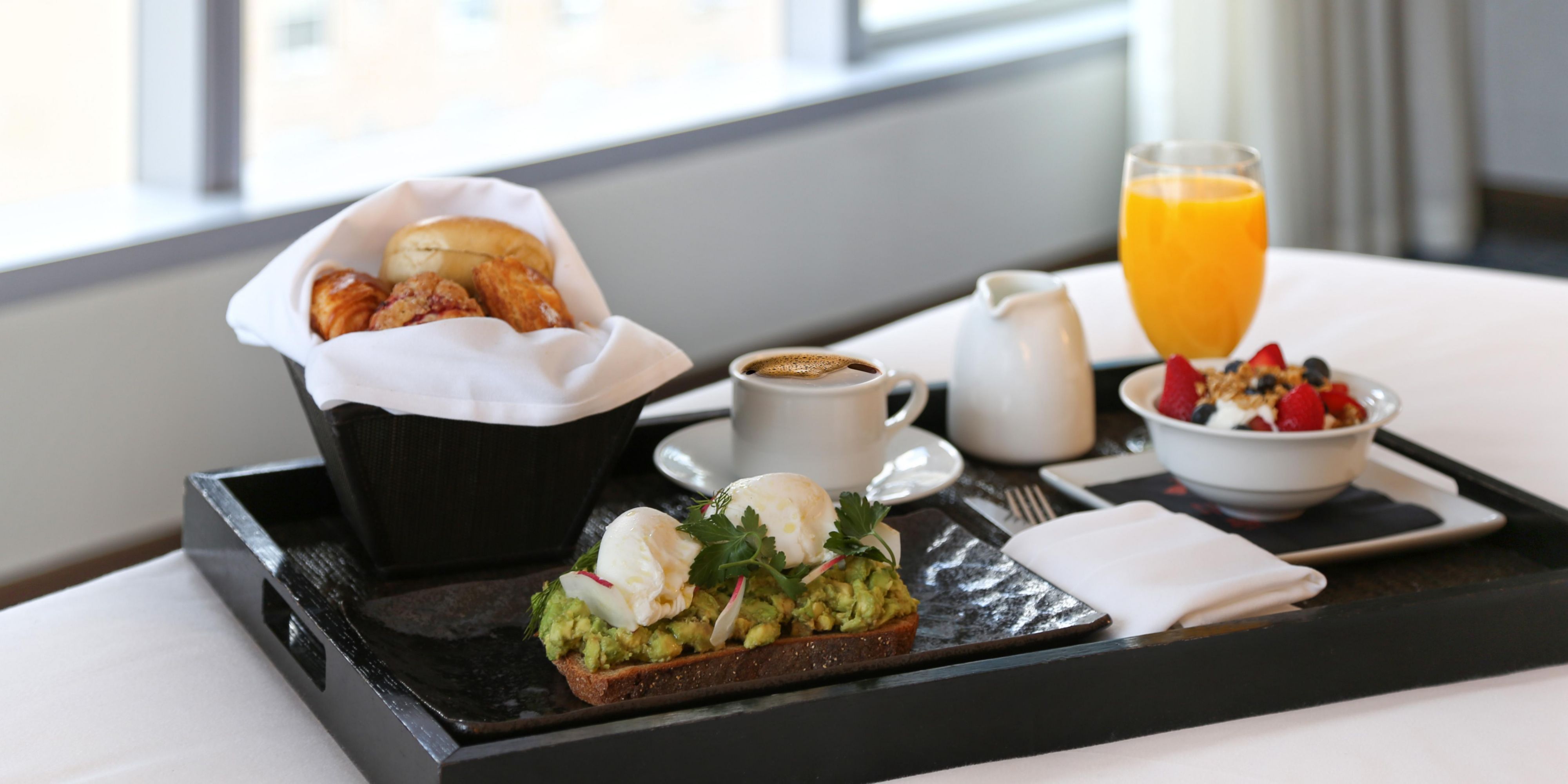 Looking for something to make your stay even more special? Experience breakfast in bed, or an indulgent dinner from the comfort of your room accommodation with delicious selections from our in-room dining menu. Available daily: 6:00 AM - 10:45 PM.