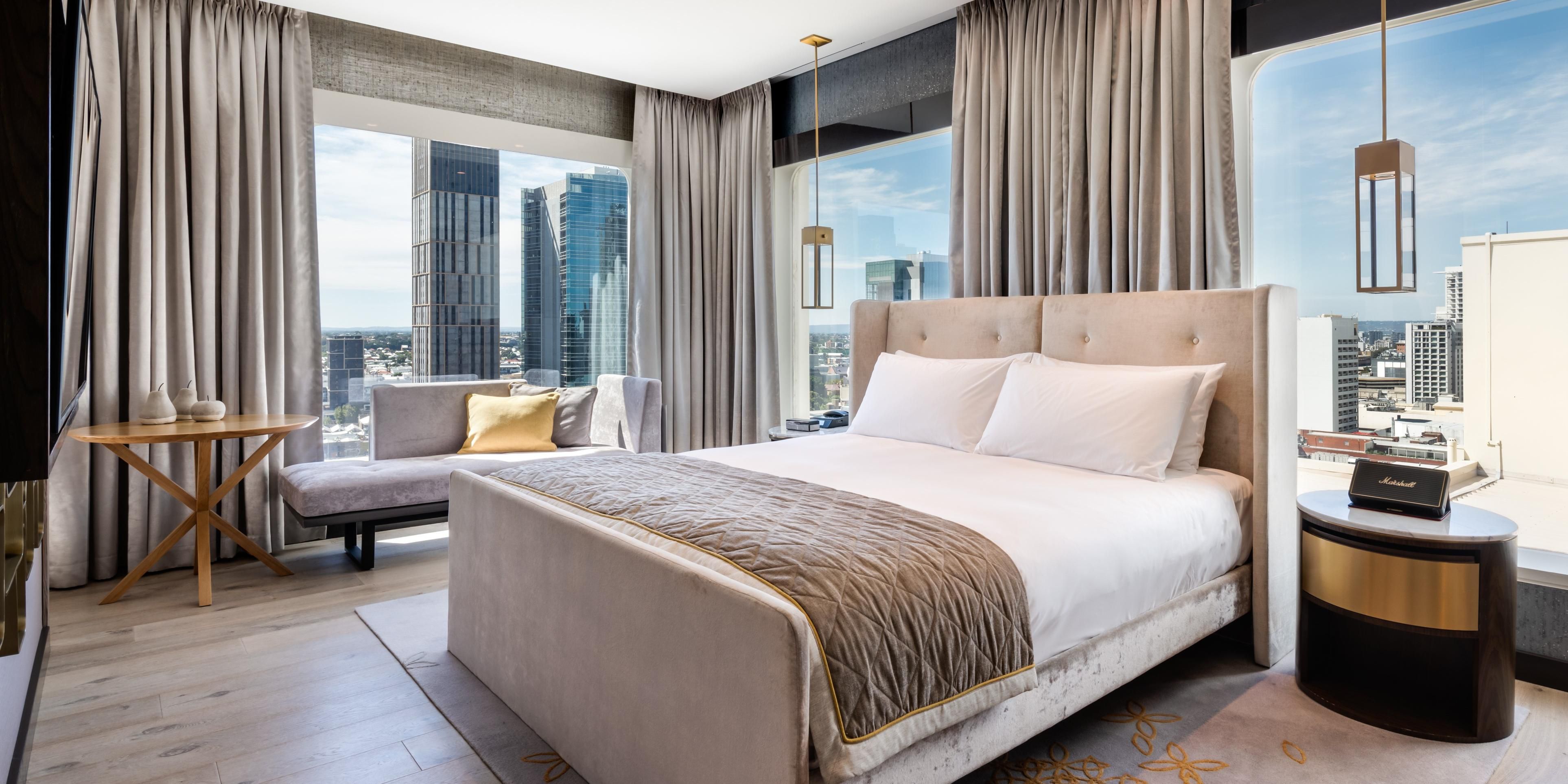 Retreat to your beautifully appointed room or suite, a haven of contemporary luxury. Featuring premium bedding, designer toiletries, and a pillow menu for restorative sleep. Our accommodations seamlessly blend elegant design with modern convenience, including complimentary high-speed internet, soundproofed windows, and 24-hour in-room dining.