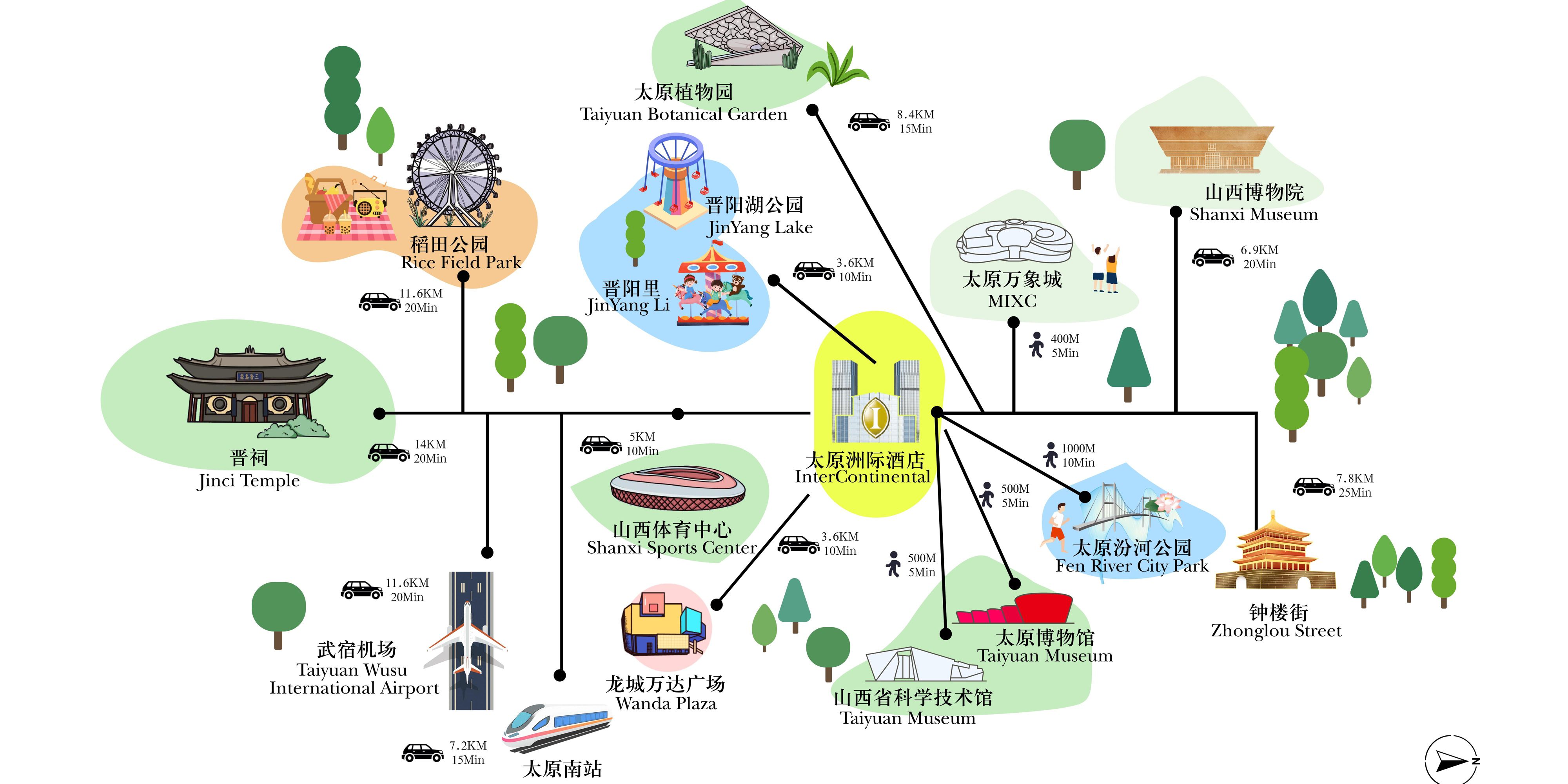 太原洲际酒店坐落于长风商务区—太原城市发展核心区域，为太原市经济、政治、文化中心，围绕于晋阳湖国际会展中心，万象城，大剧院，科技馆等众多购物及展馆中心，区位便利，畅享前往太原南站及武宿国际机场便捷交通。