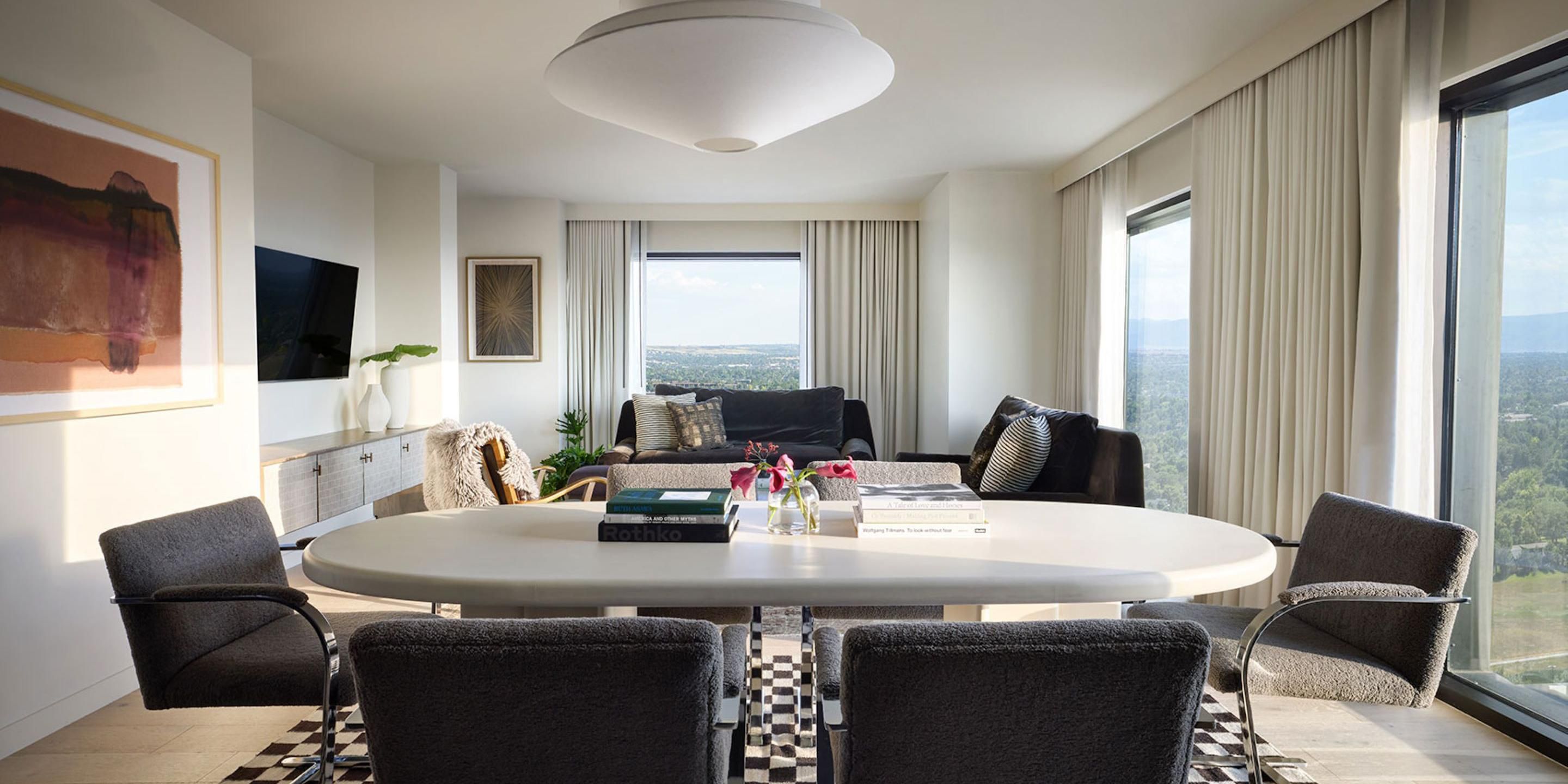 Our sweet collection of suites in Denver features a number of options, including One-Bedroom and Presidential Suites on the 17th and 18th floors, with tons of space and incredible views of the mountains and Greenwood Village.