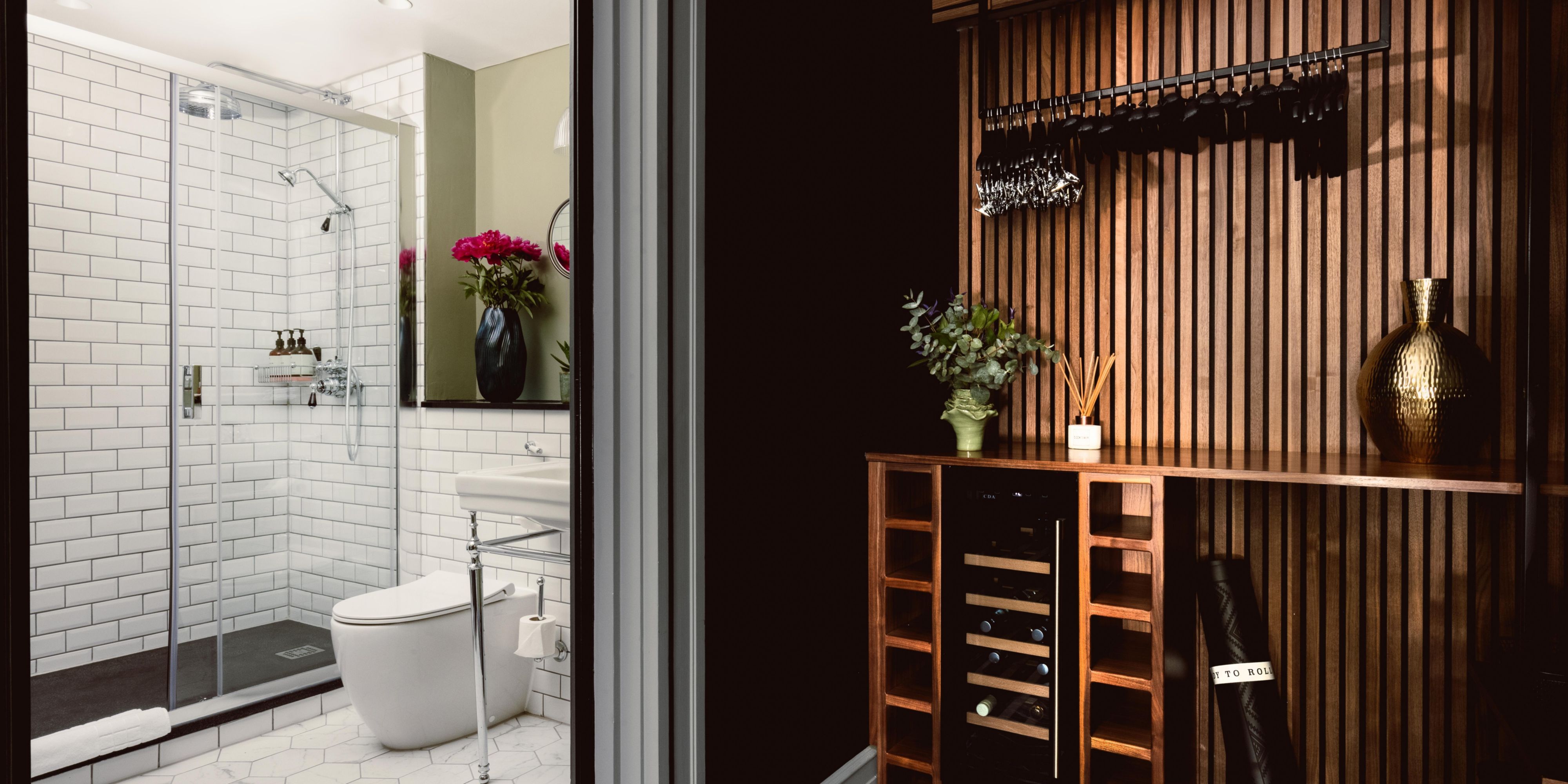 Luxury hotel suite with view to en-suite bathroom and storage closet area