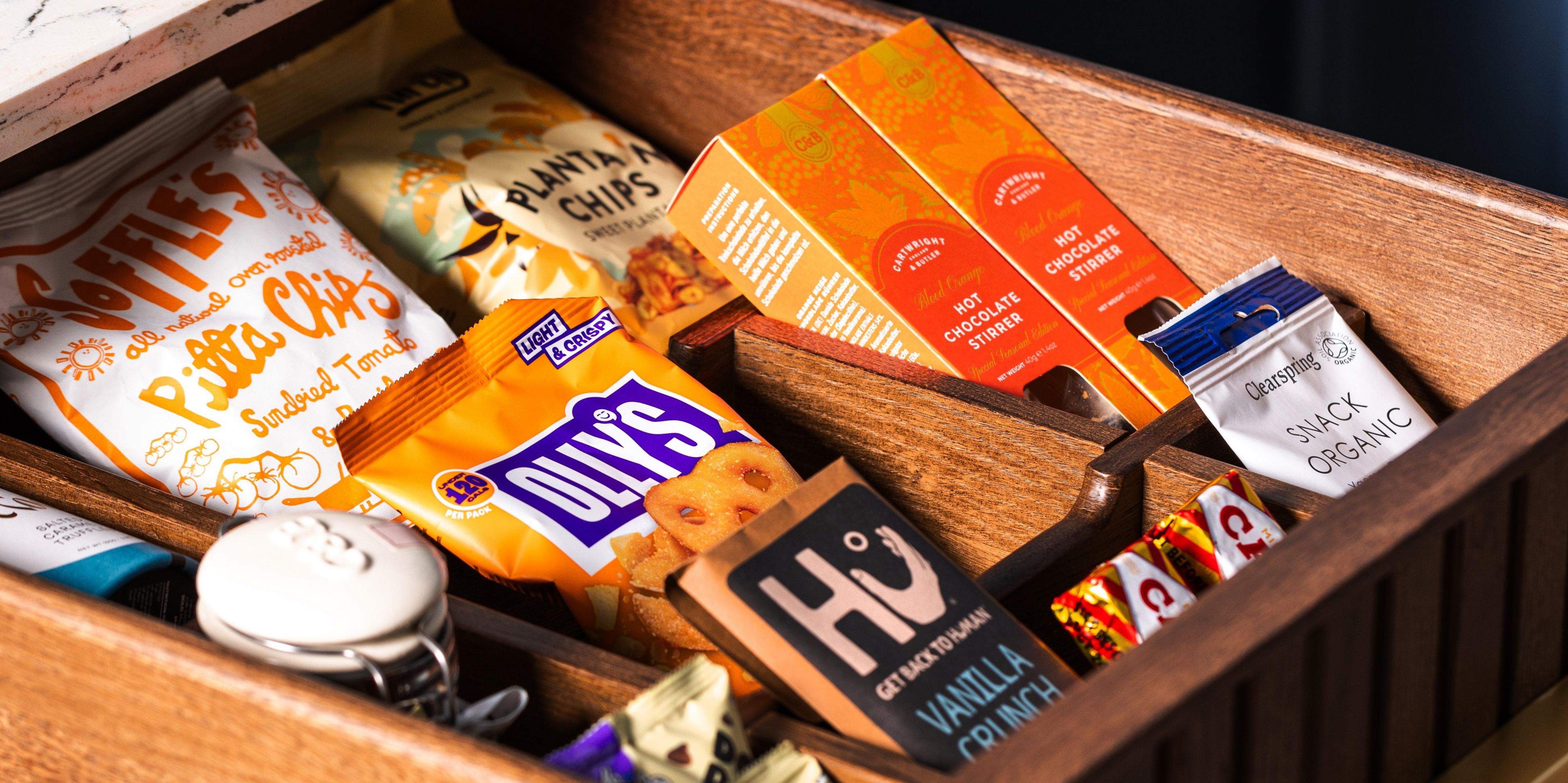 Fully stocked tuck box with various snack options