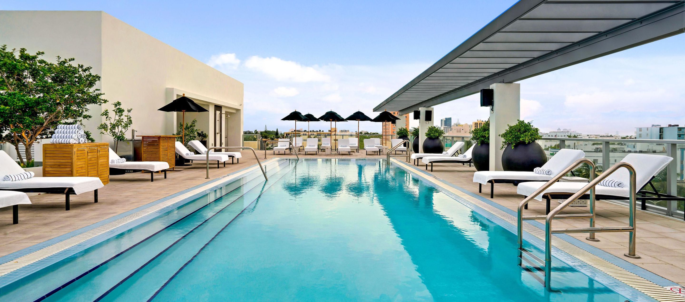 rooftop pool with chaise lounges and sunny skies