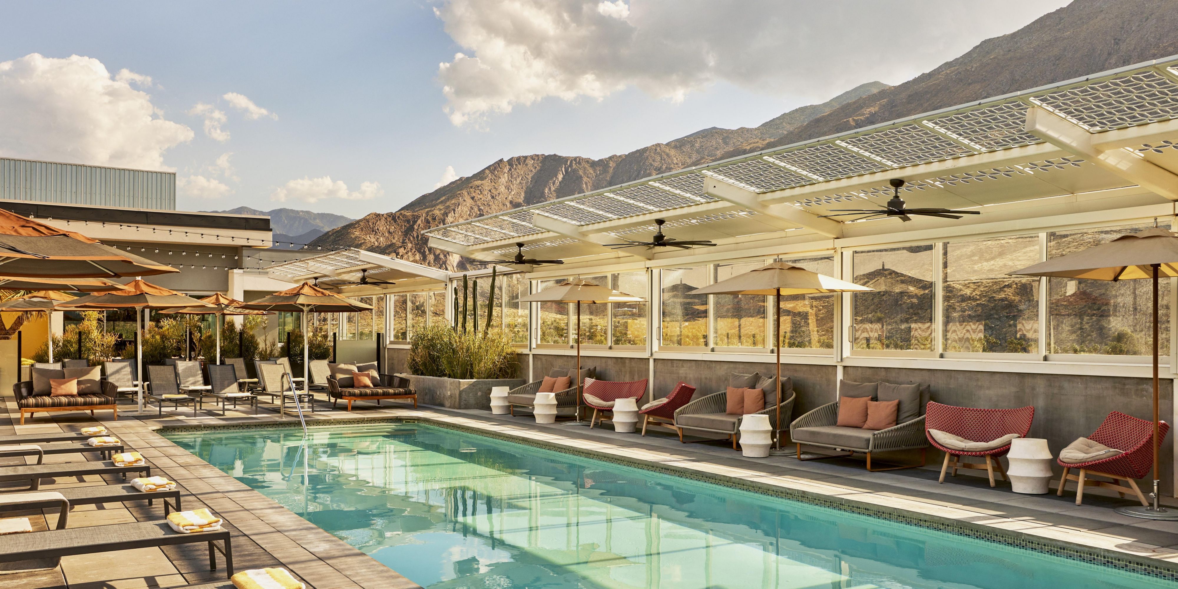 Unique in the sprawling, low landscape of Palm Springs, our tranquil rooftop pool sits atop our seven-story hotel and offers unparalleled views of the stunning mountain scenery.