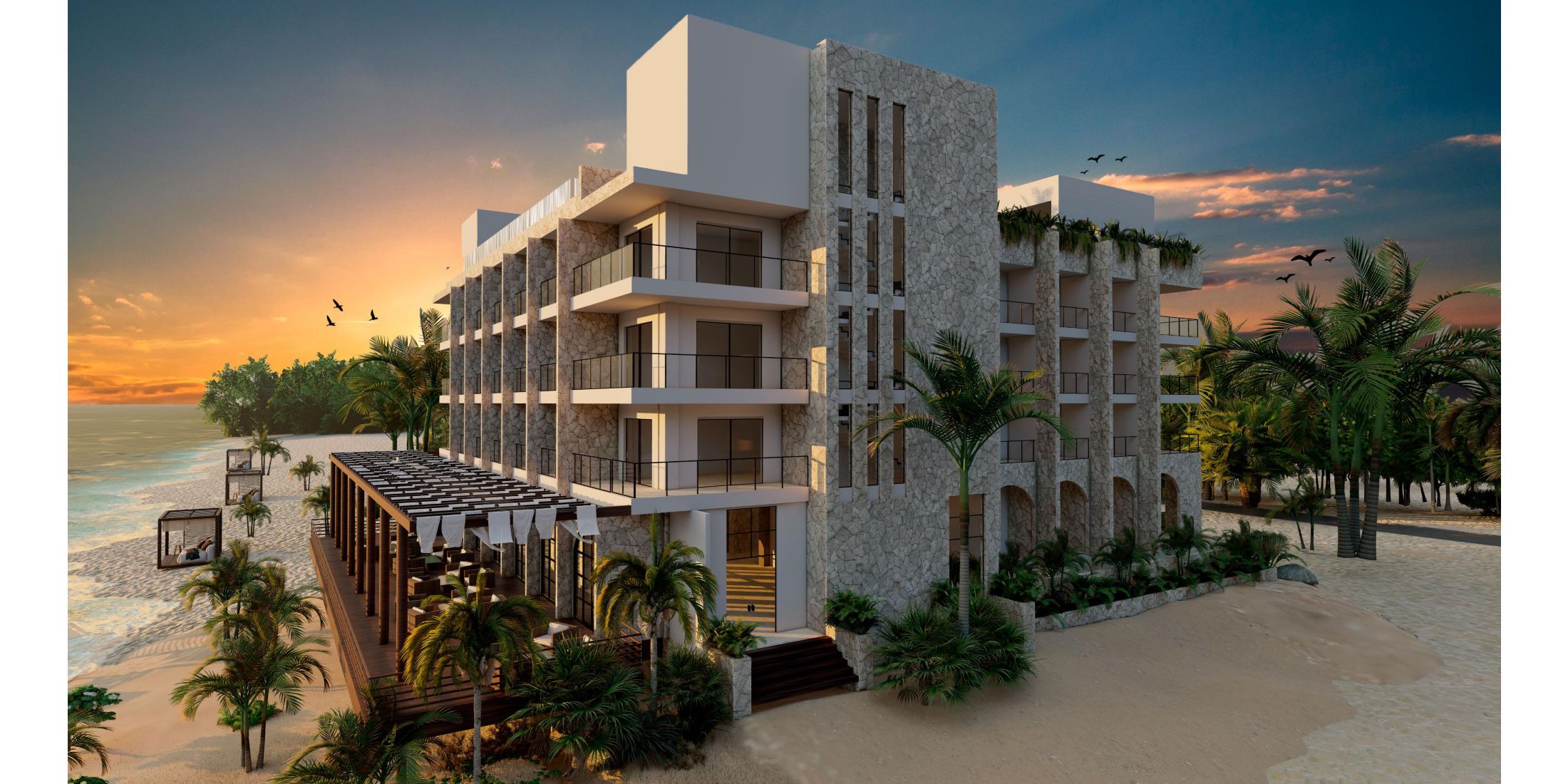 white sand beach with one palm tree and row of cabanas