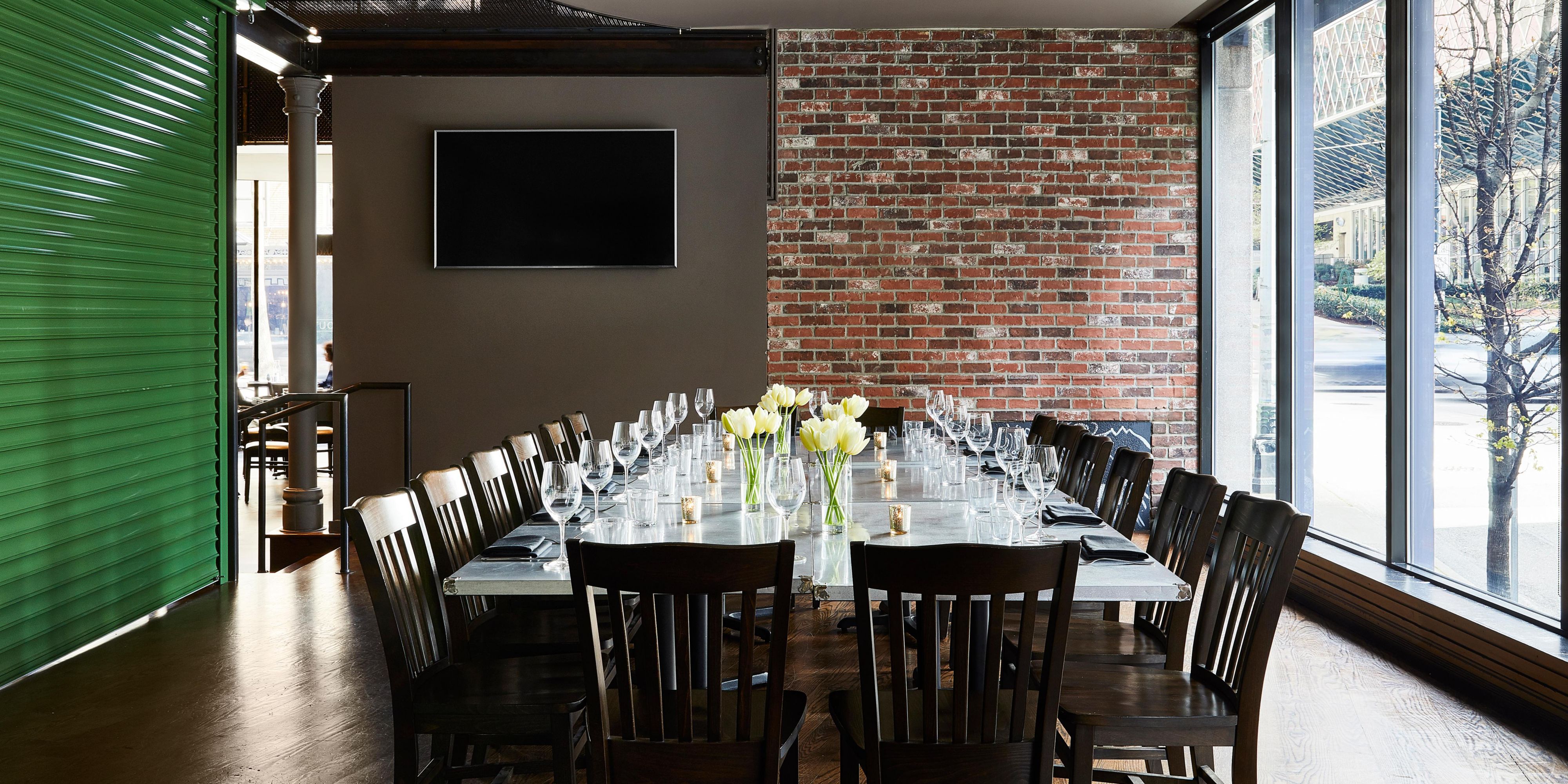 Our adjacent downtown restaurant Marin features The Garage, the perfect space for your group of up to 40 guests for a seated meal or 60 of your closest friends for a reception. The Garage also features floor to ceiling windows with plenty of natural light.