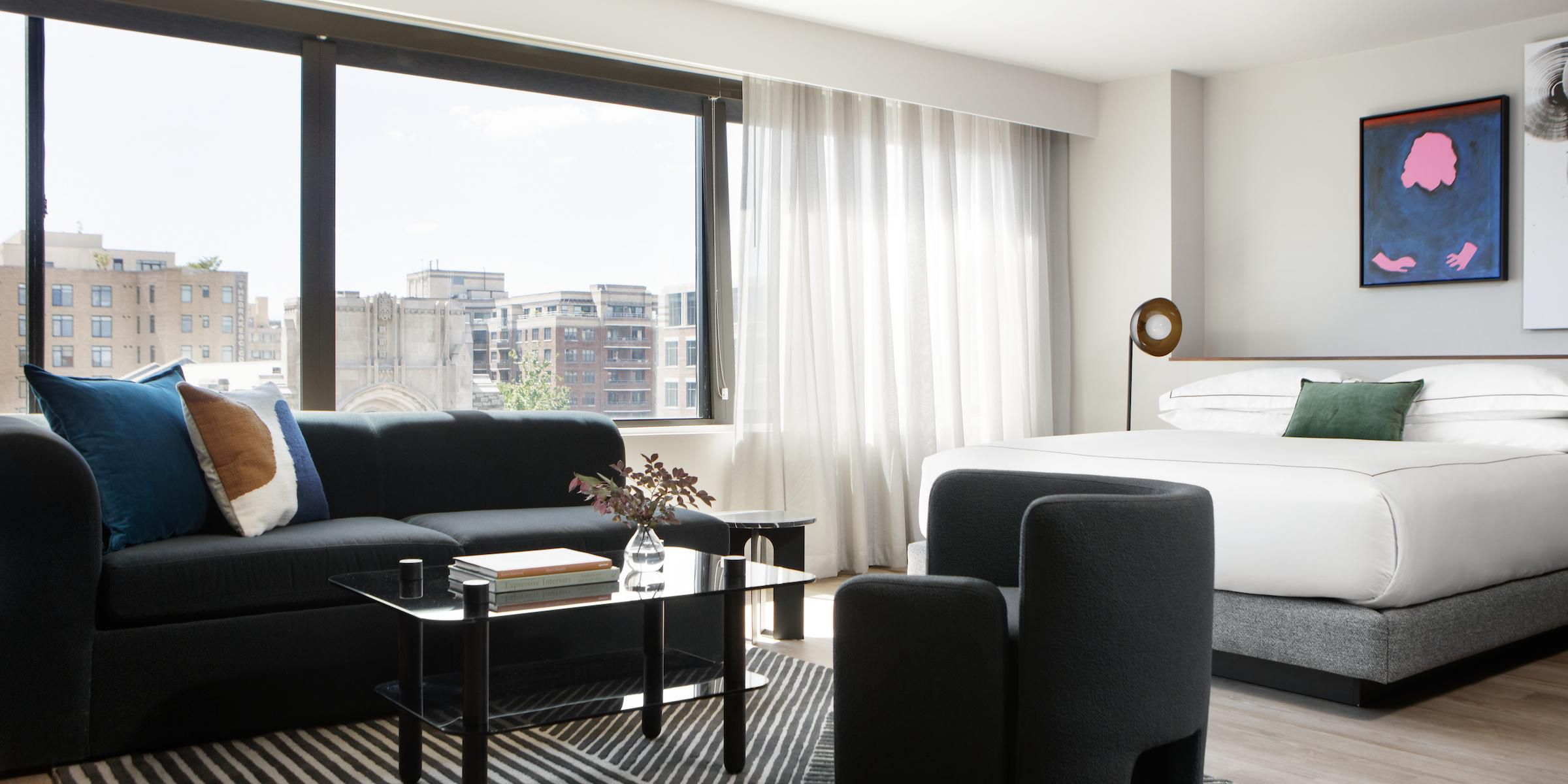 While every guest room at the Kimpton Banneker Hotel is spacious and filled with luxurious amenities, there is a whole ’nother level to unlock: the suites. Suites feature a plush sofa bed, ample creative space, and a spa bathroom with a deep soaking tub and an open shower.