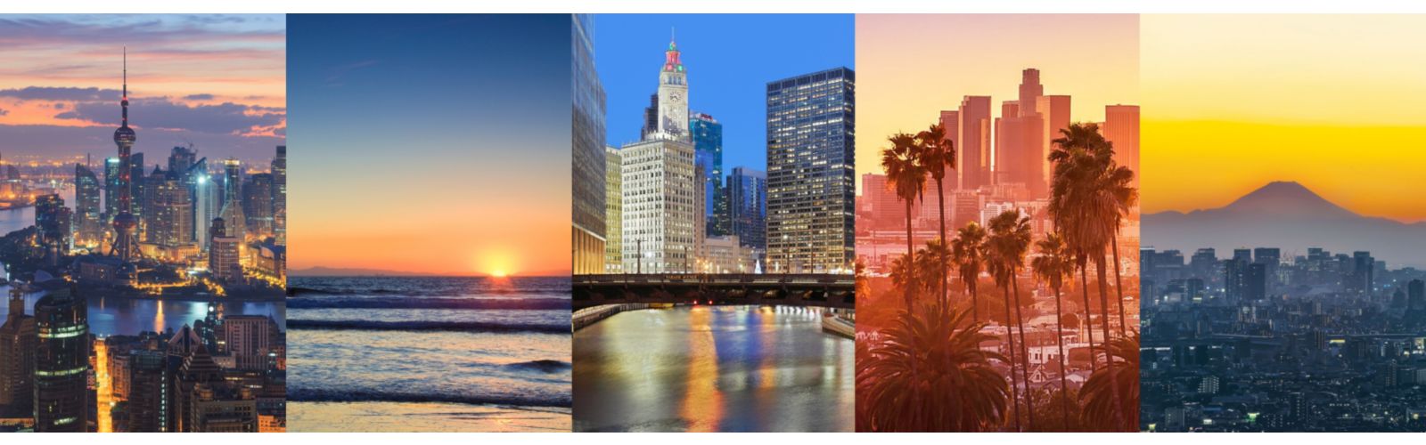 海边夕阳、芝加哥河与摩天大楼以及洛杉矶天际线的分割图片