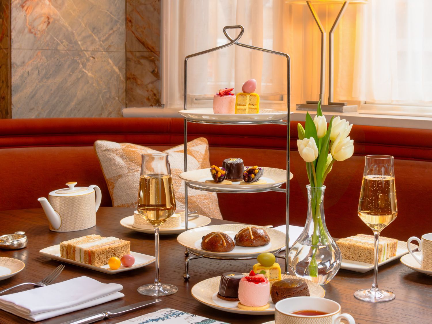 Easter Afternoon Tea Tower with bubbles, sandwiches and sweet treats