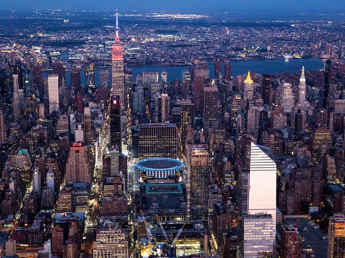 aerial view of Madison Square Garden at night