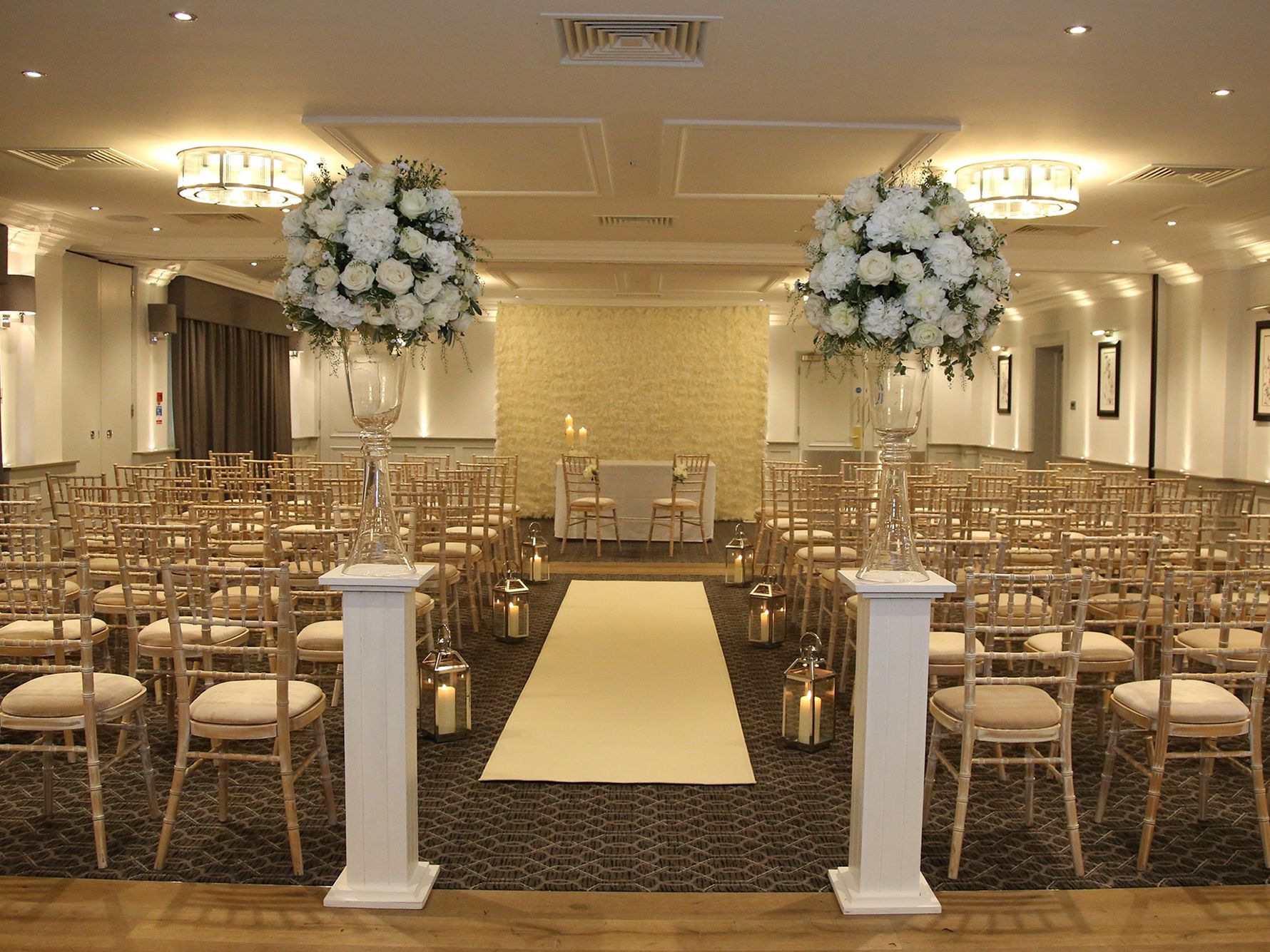 Large banquet room dressed up for a wedding