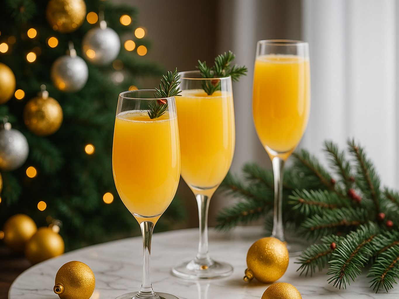 Mimosas with pine garnish