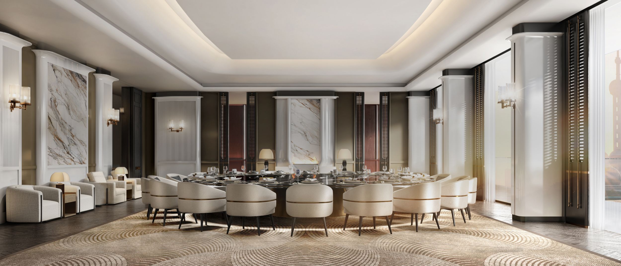 large brightly lit meeting room with chairs surrounding round table