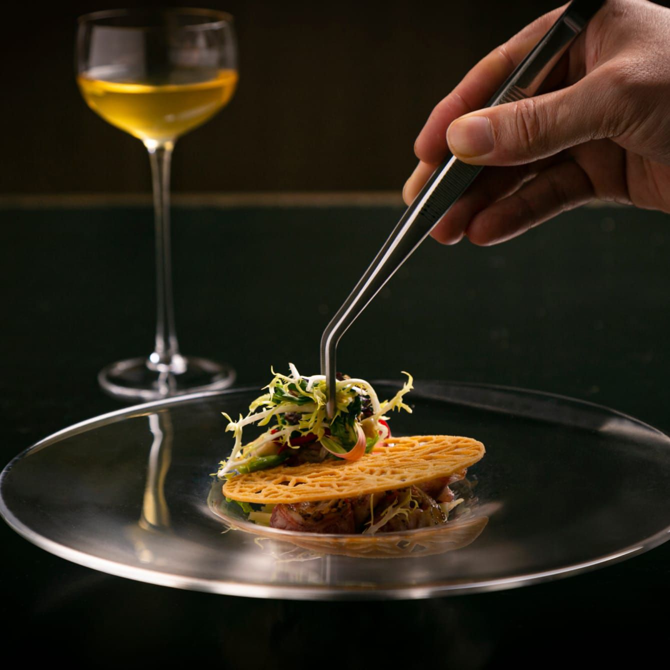 A master chef applying the finishing touches to an elegant dish with chef's tweezers.