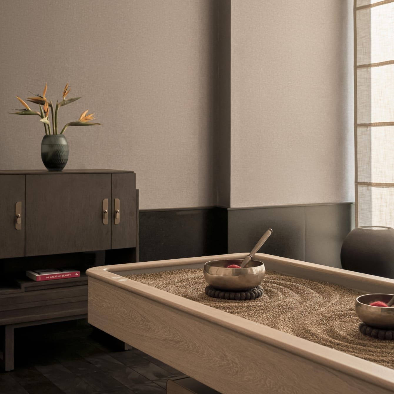 A mindfulness and meditation space with sand for tracing emotions.