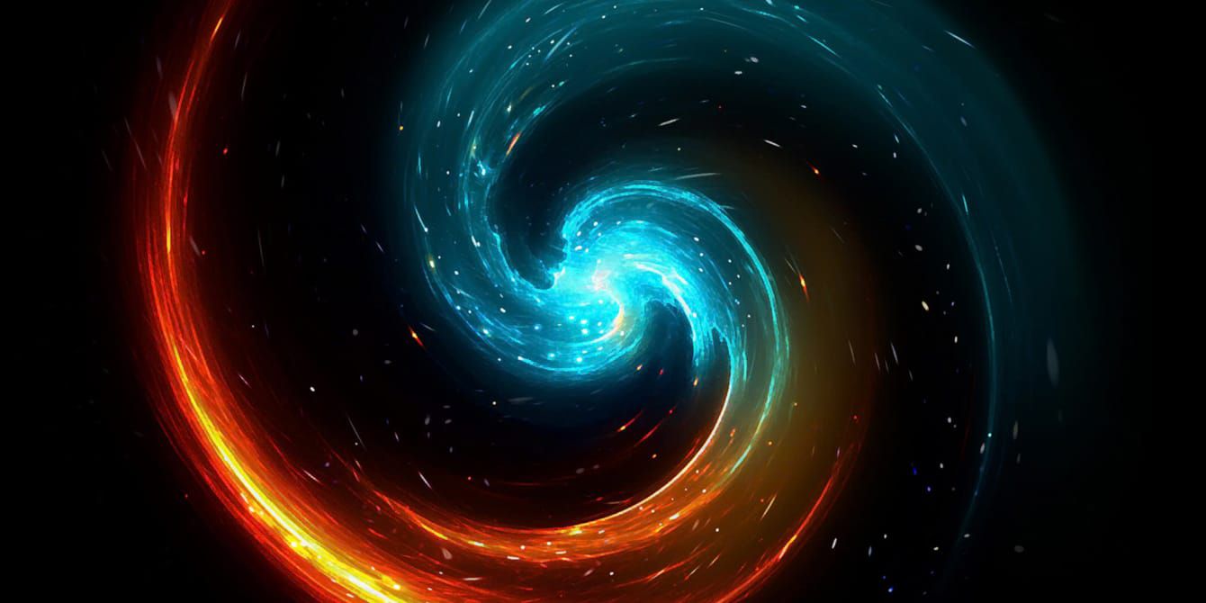 An artistic swirl of red and blue light creating a focal point on a black background.