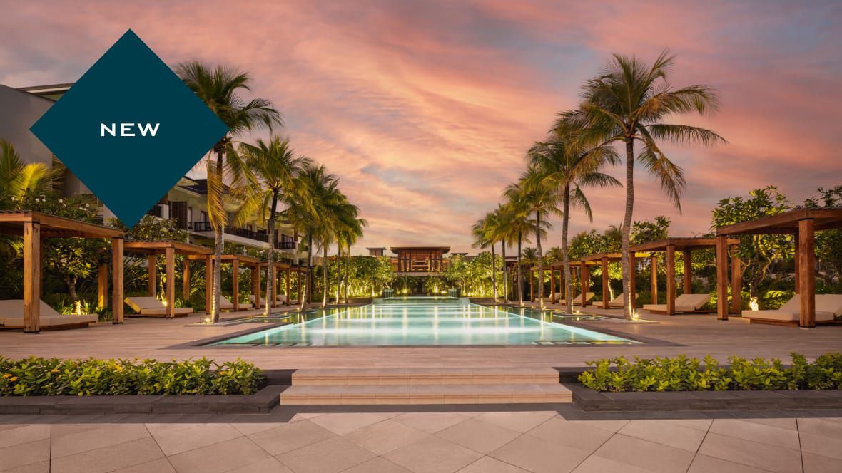 Swimming pool surrounded by palm trees at dusk