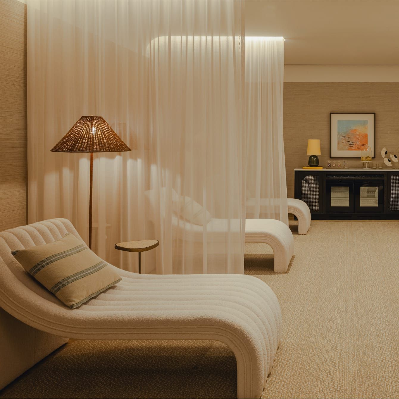 Spa relaxation area with teas, infused water and personal areas to recharge.