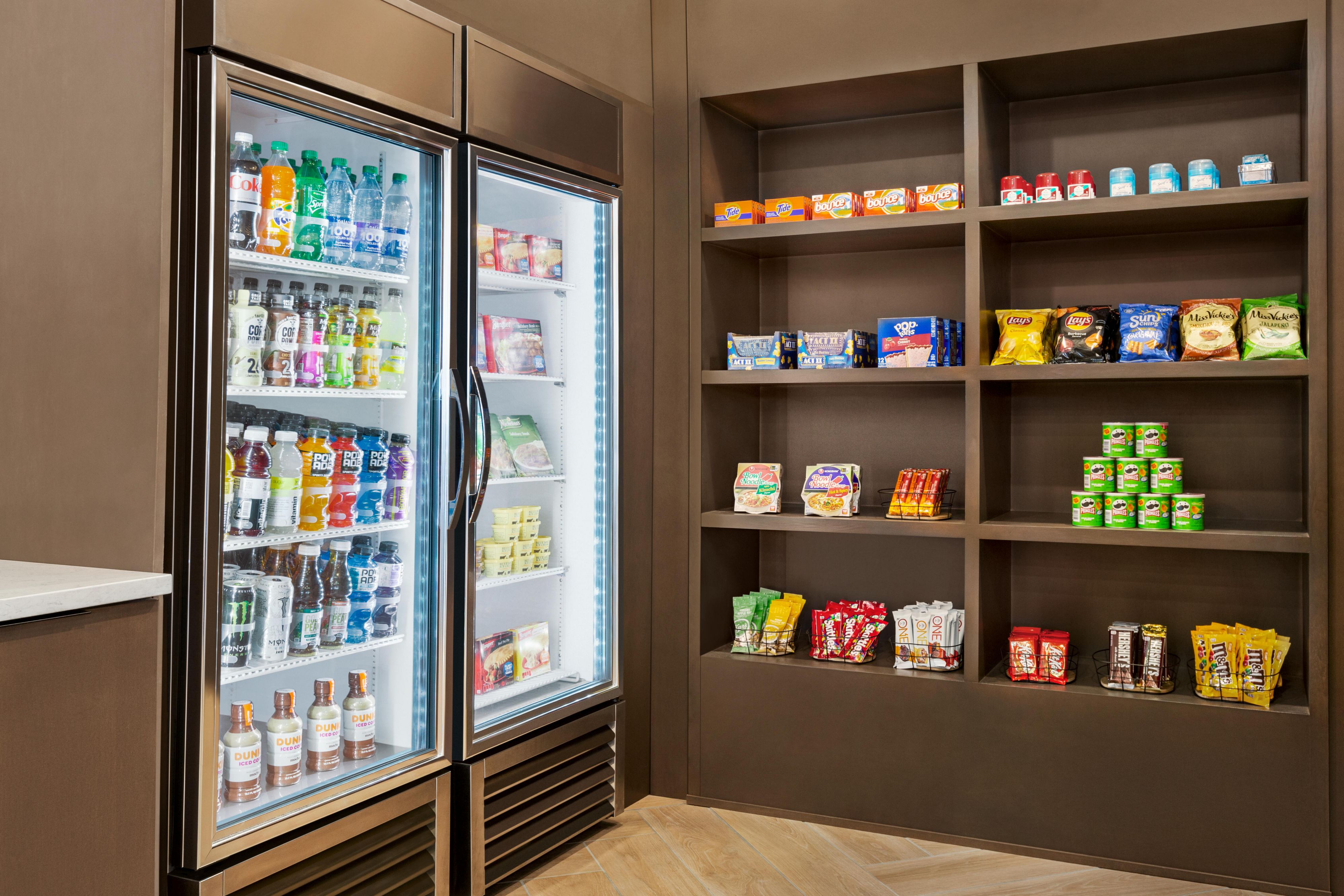 Food basics are available in the pantry in our lobby for you to stock up on easy-to-prepare meals and snacks for your room. Each suite has a full-size refrigerator for you to store all your goods.