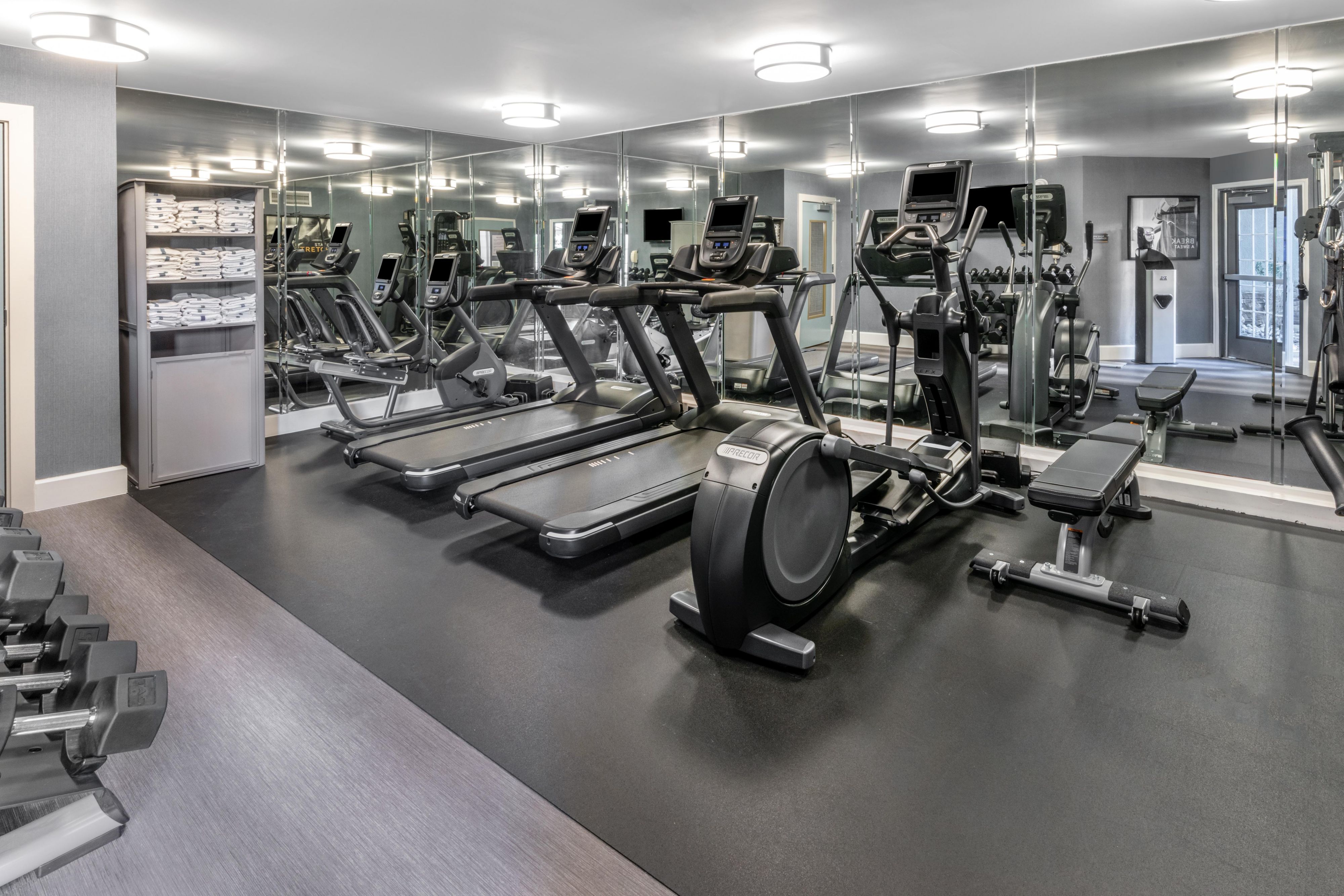 Stay active in our 24-hour Fitness Center with cardio equipment, free weights and more.