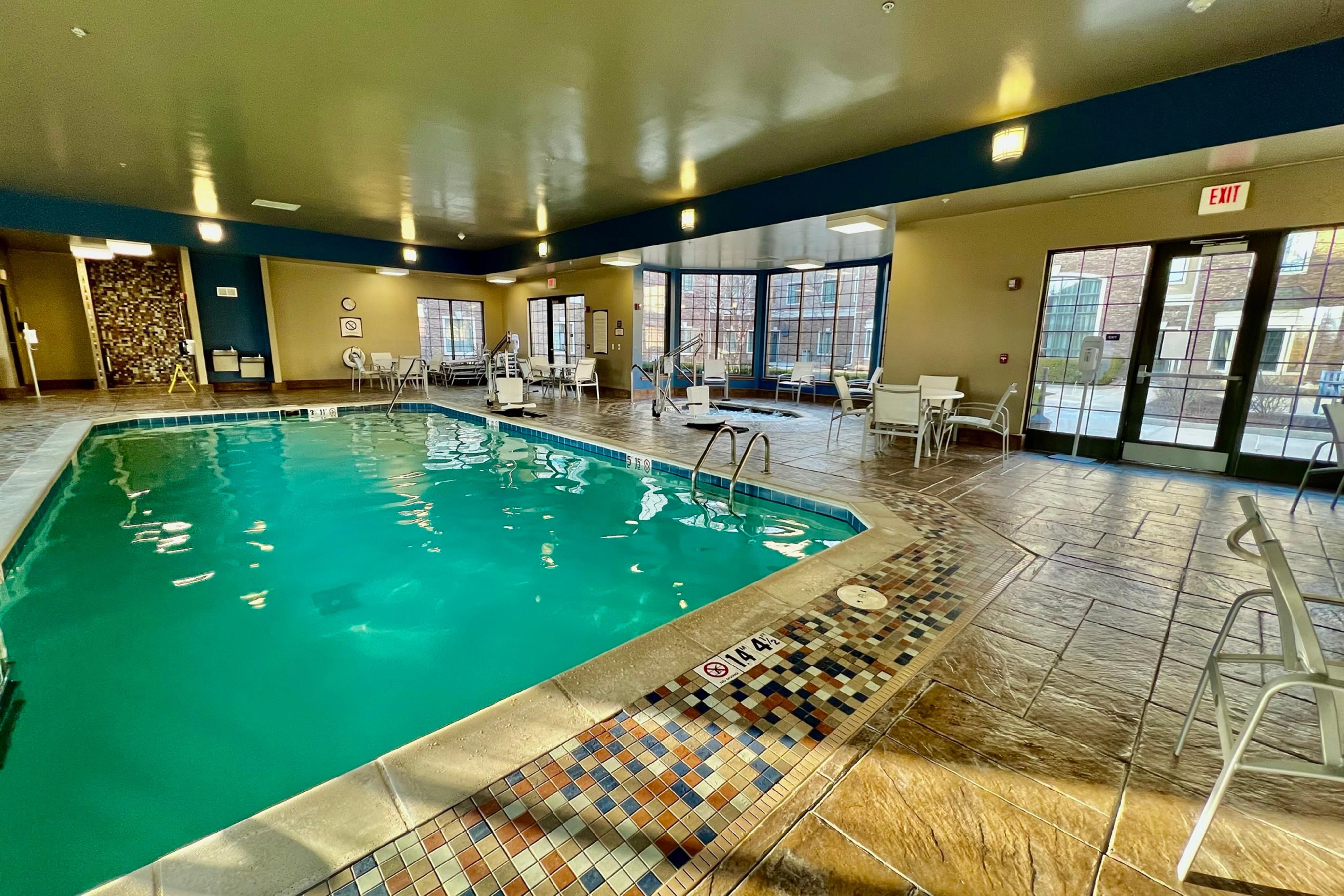 Splash and swim in our large indoor pool throughout your stay at our Novi hotel. With poolside tables and chairs, along with a pool lift for accessibility, we welcome every guest to enjoy this inviting space!