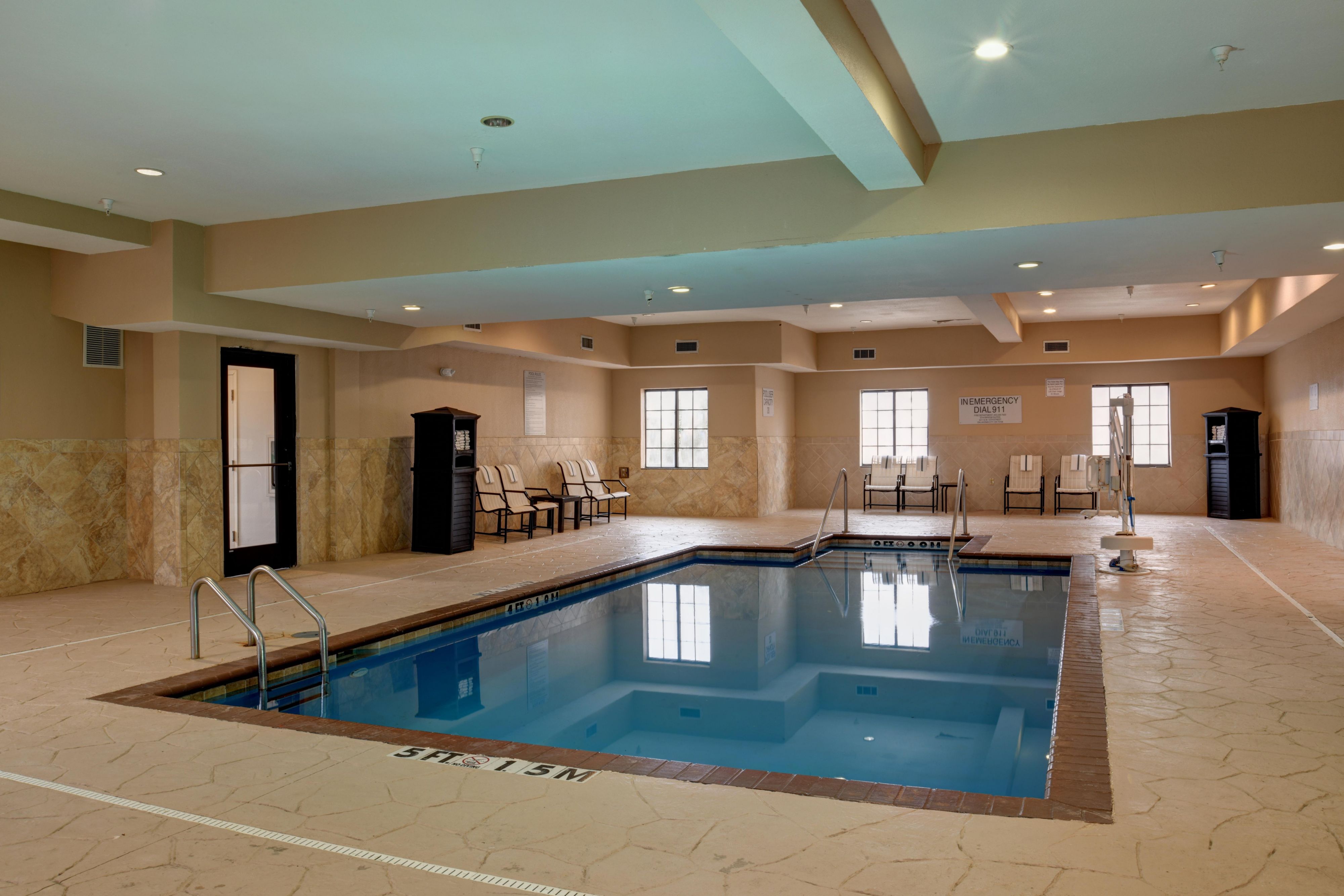 Mix up your workout routine with laps or unwind after a busy day with a dip in our refreshing indoor pool. Towels are provided for your comfort and convenience. There is no lifeguard on duty.