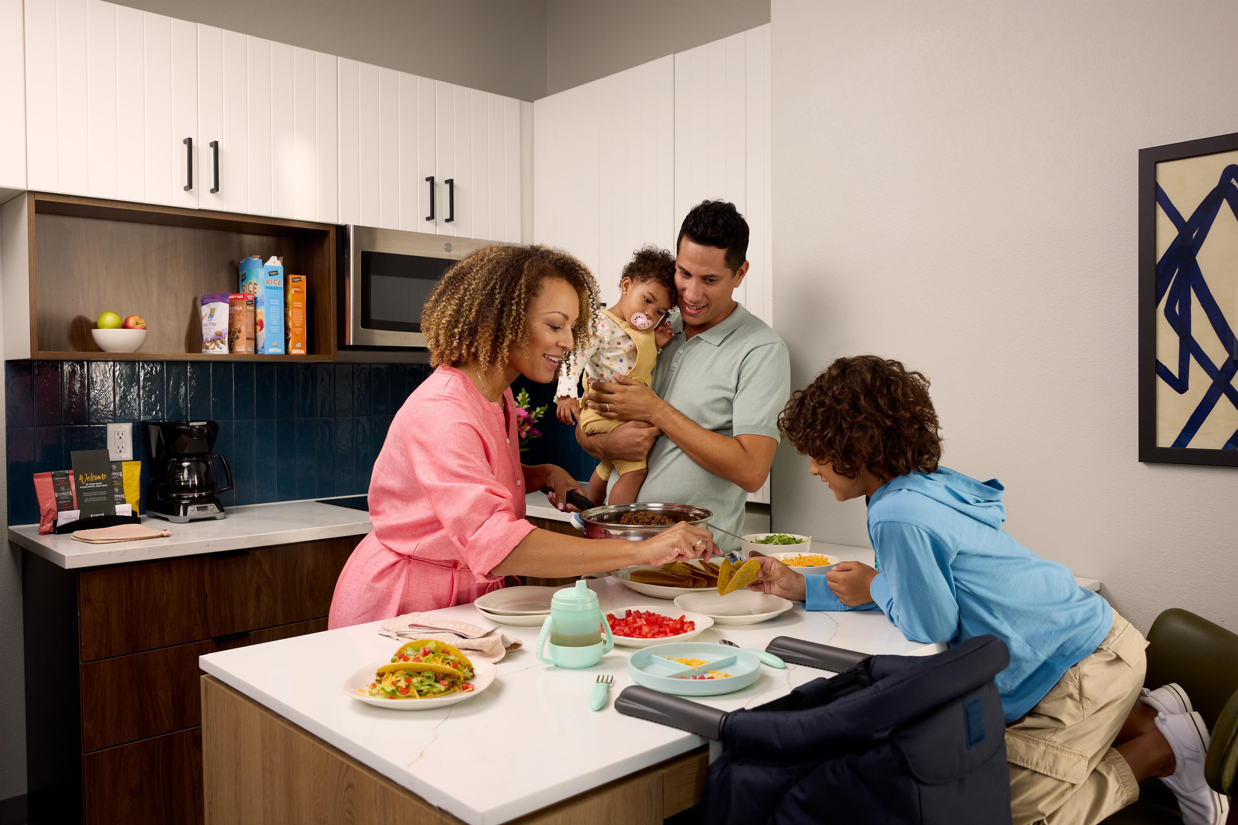 All suites have a fully equipped kitchen for your convenience including, a stove, full-size refrigerator, microwave, dishwasher, cooking and dining utensils, large coffee maker, and ample counter space.
