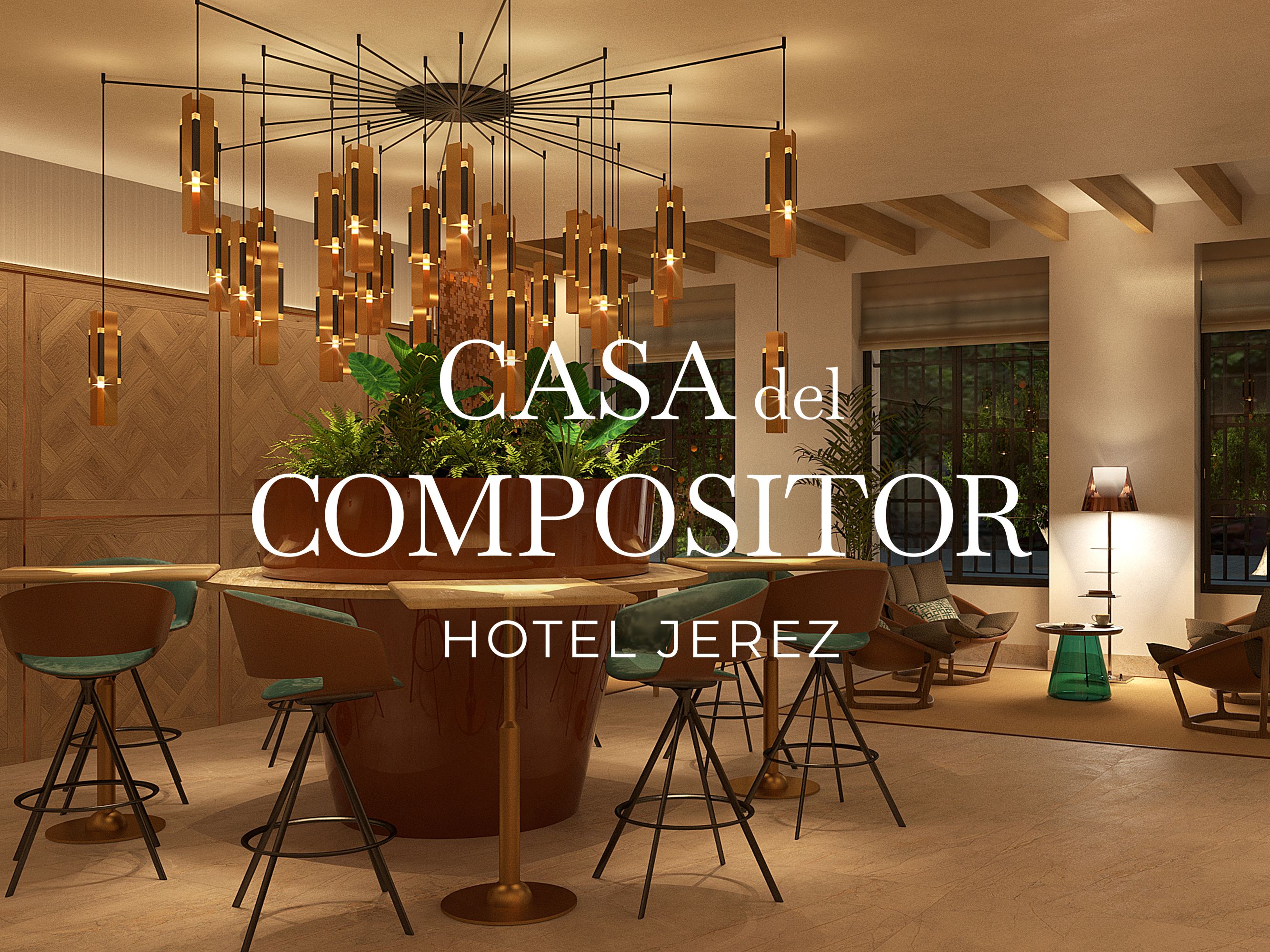 Modern hotel lounge with circular bar, green stools and sculptural chandelier; overlaid logo for ‘Casa del Compositor – Hotel Jerez’