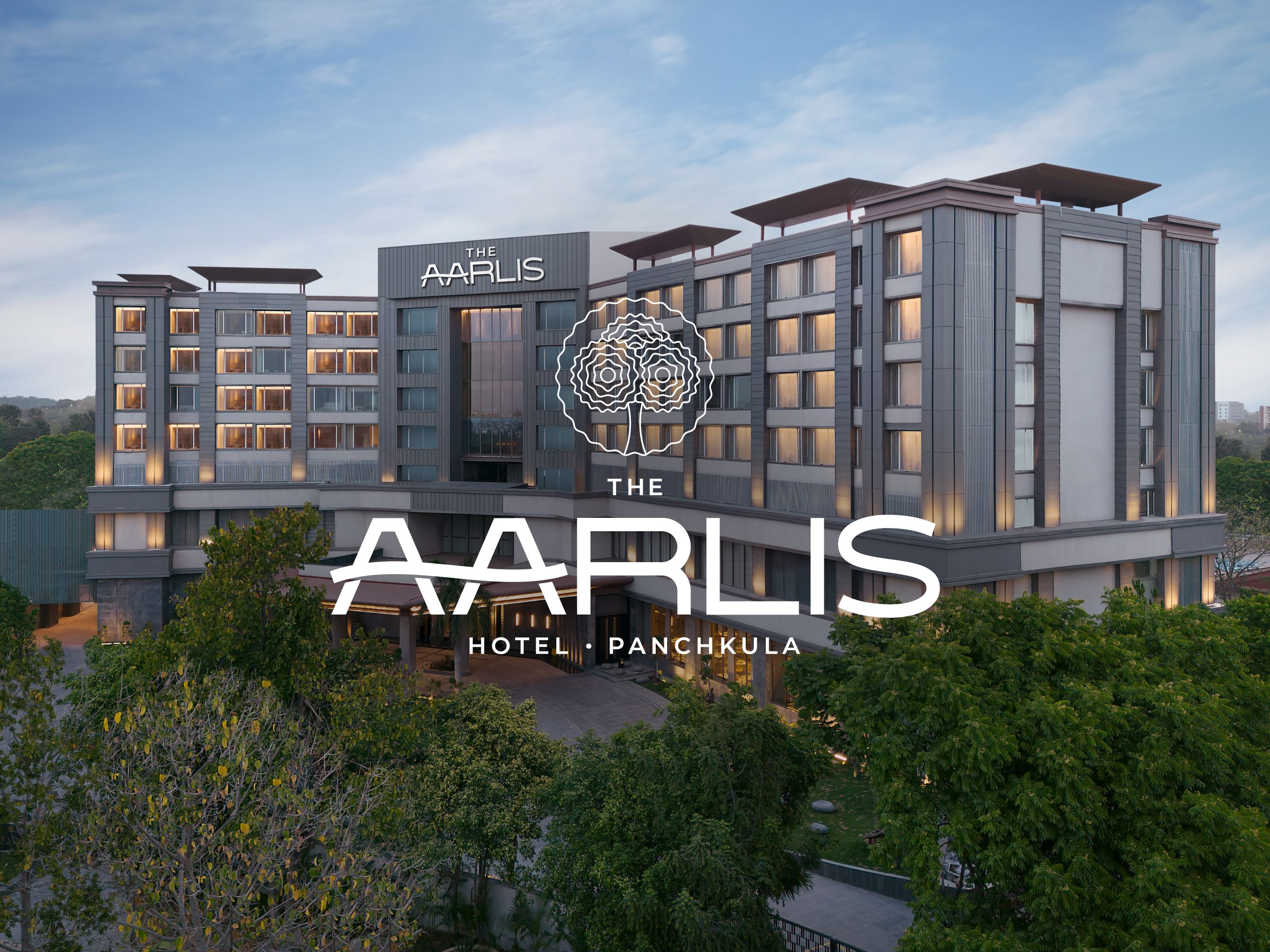 白色酒店标志叠印在洲至奢选潘奇库拉 The Aarlis 酒店的外观图片上。