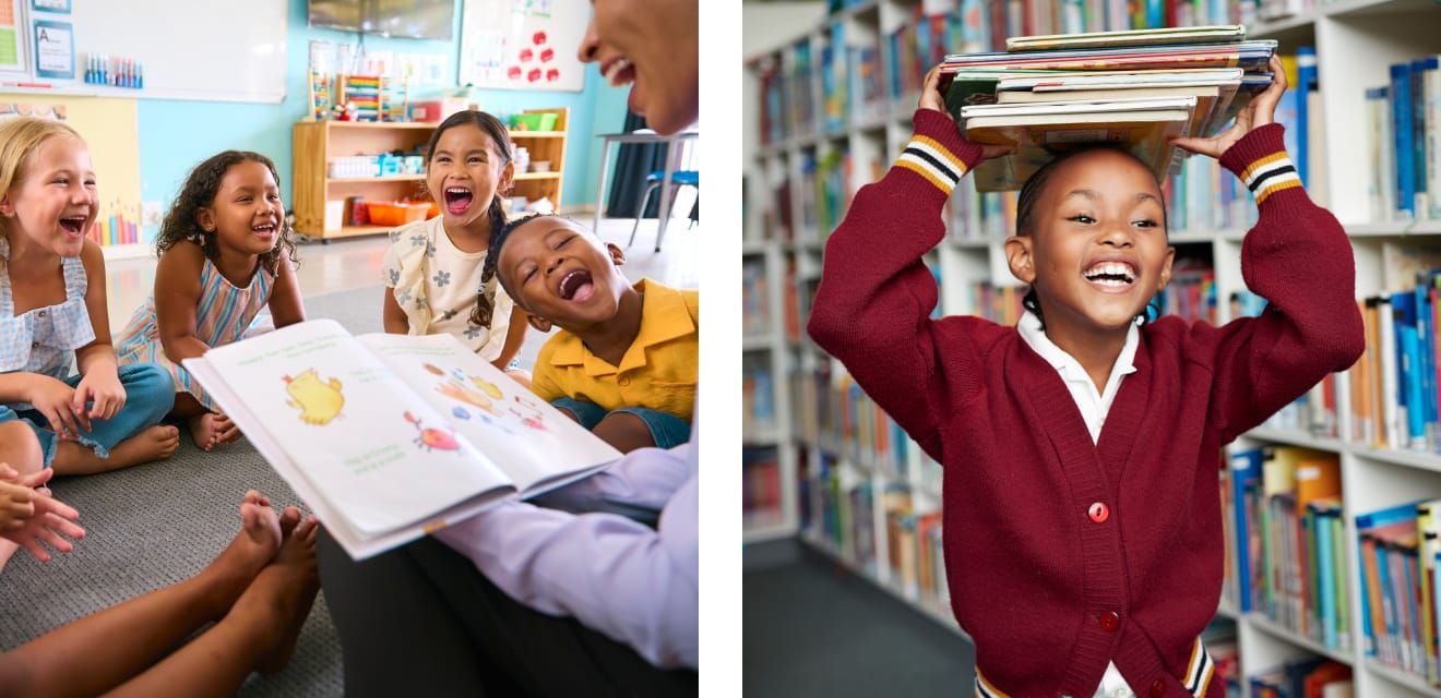 children laughing and reading books