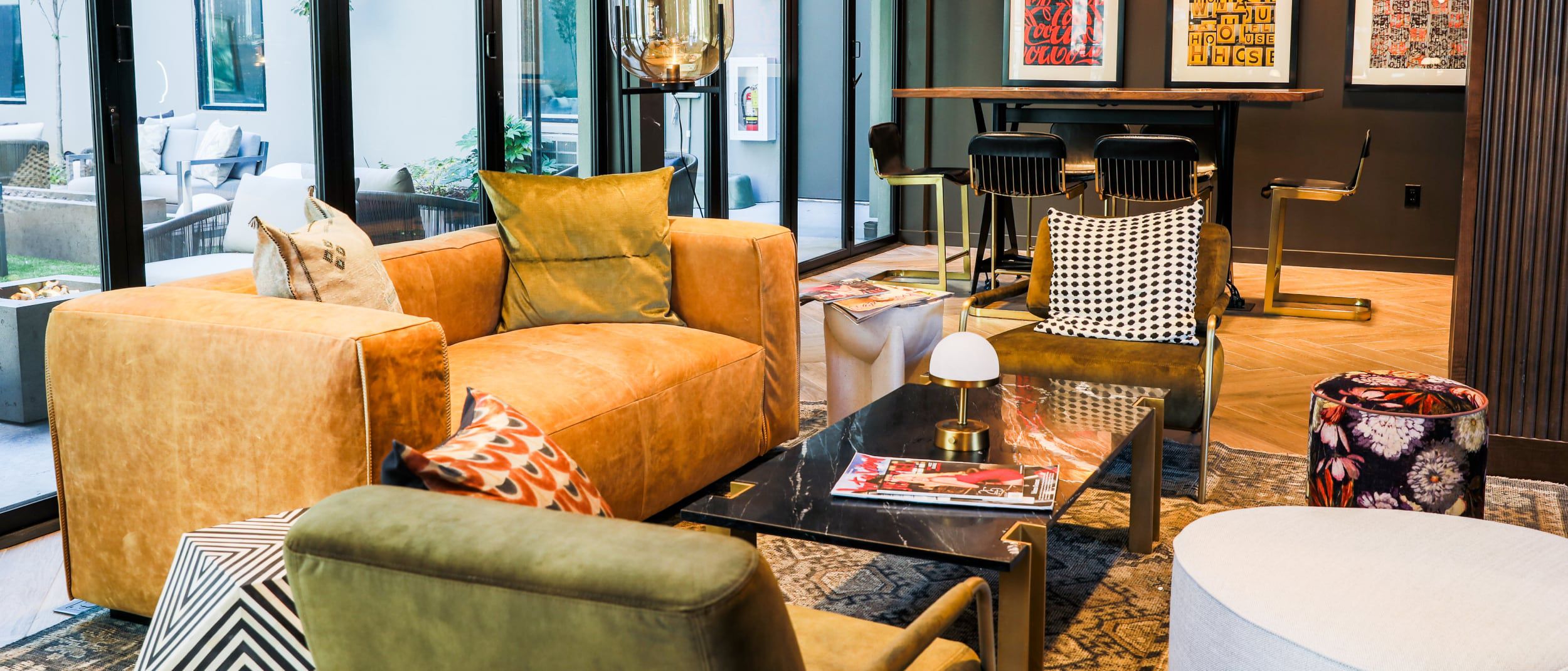 A vibrant lobby seating area with a mix of colours and patterns.