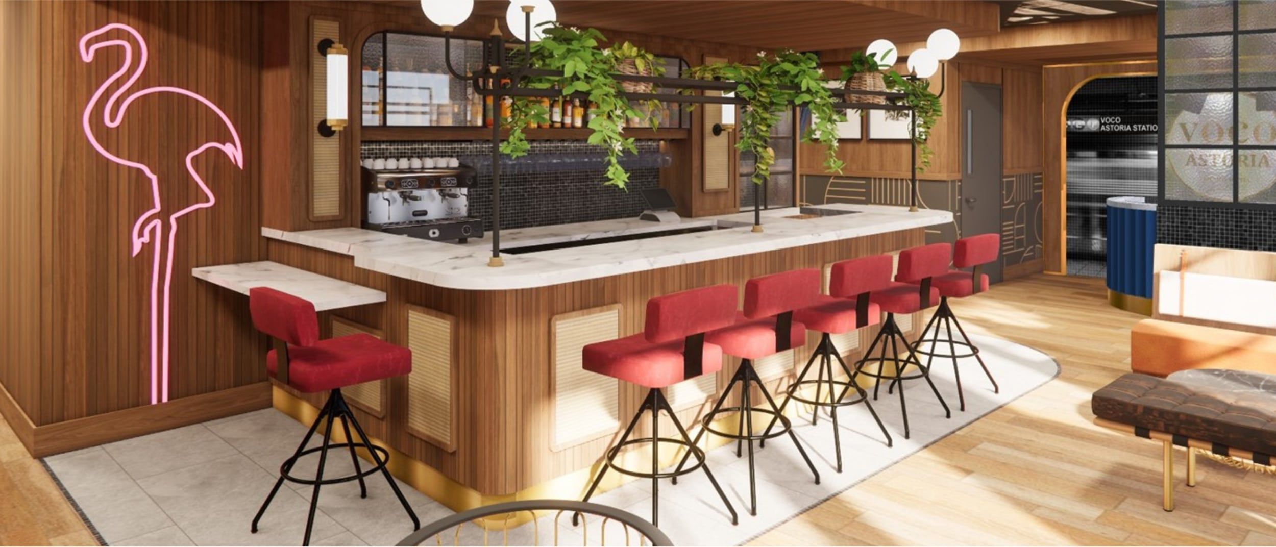A serene guest room with wooden furniture and velvet seating.