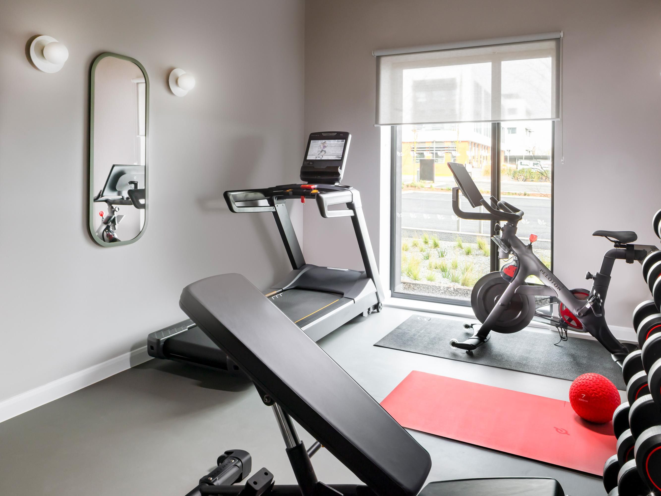Gym with a treadmill, Peloton bike, and free weights for workouts