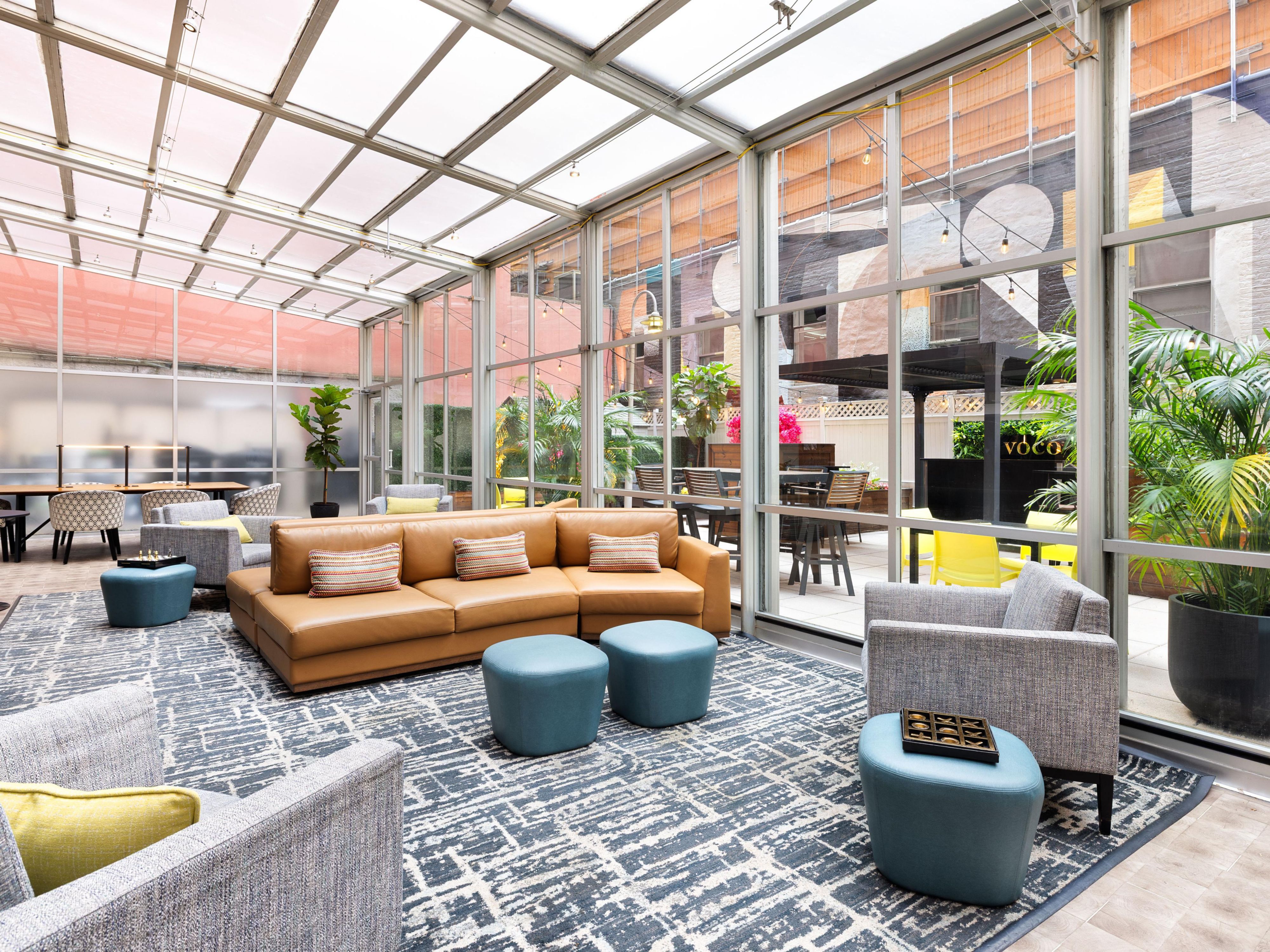 The Greenhouse at voco® Times Square South New York is a versatile space filled with natural light, perfect for collaborative meetings, creative workshops, or casual gatherings. With space for up to 50 guests, it offers a refreshing environment for work or play, making it an ideal spot to connect, unwind, or get inspired.