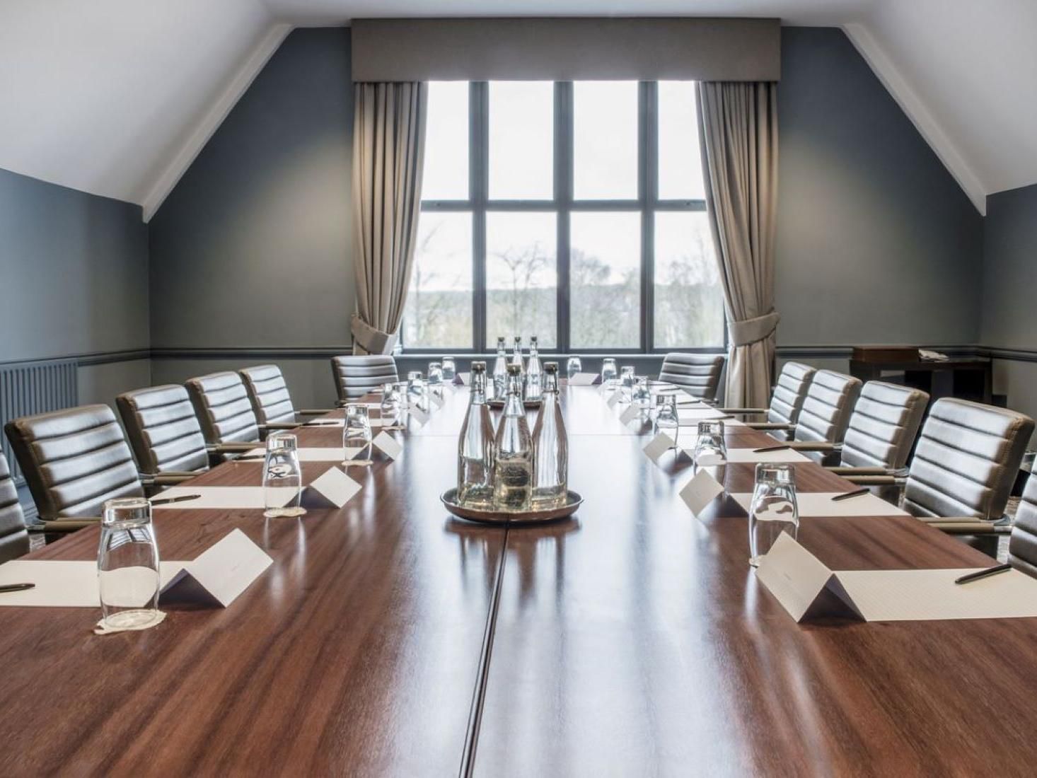 Conference room with complimentary bottles of water